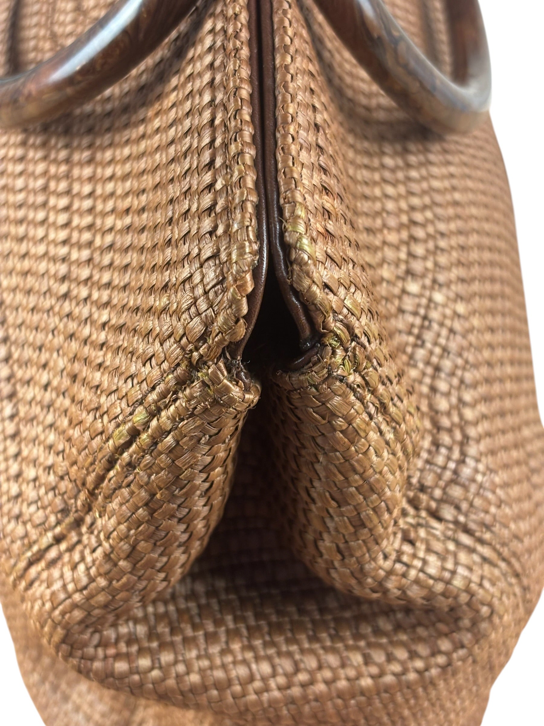 Chanel Vintage Brown Woven Straw Raffia Wooden Top Handle Handbag 2001