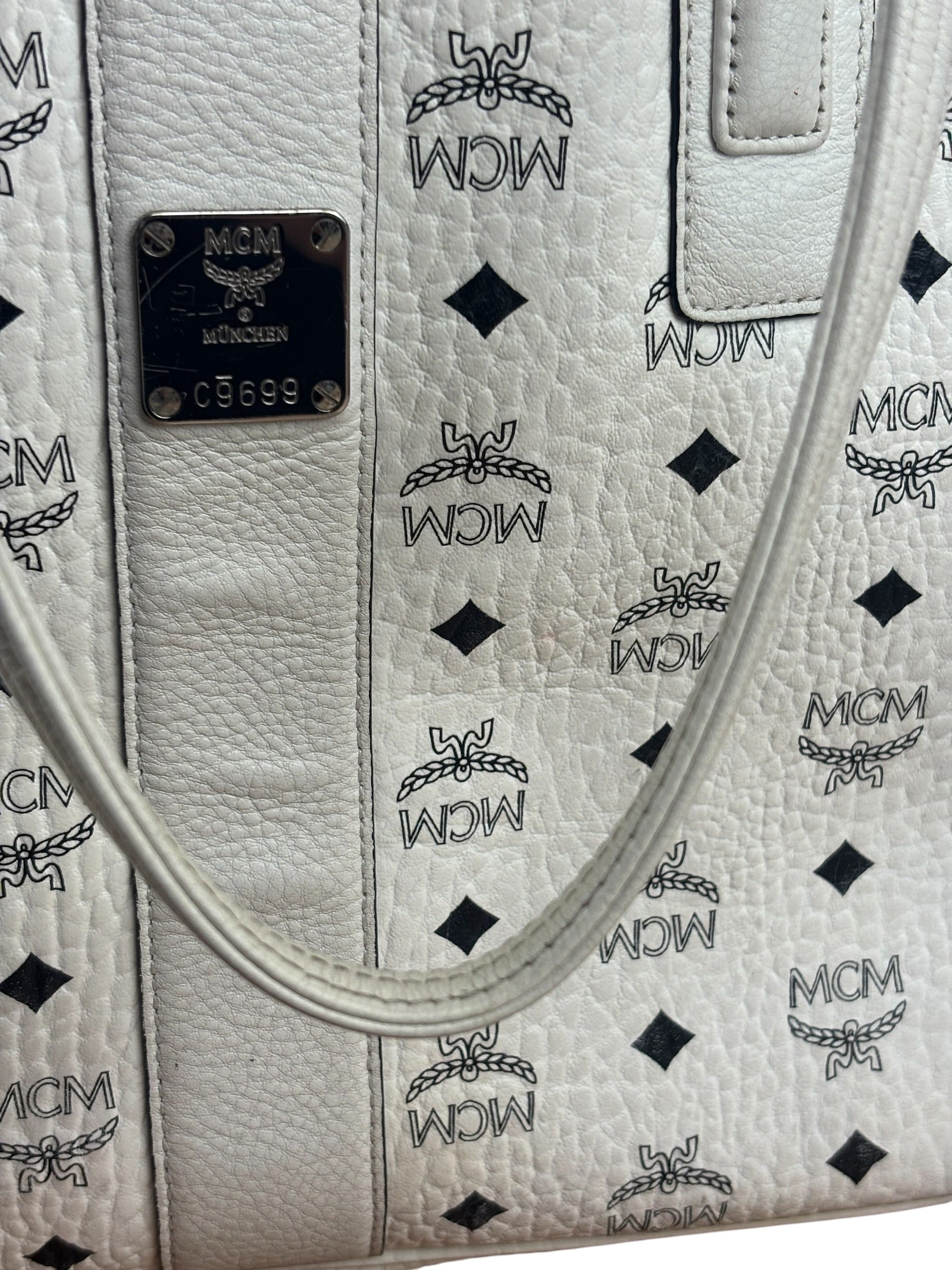 MCM White Leather Reversible Liz Shopper In Visetos Tote Bag