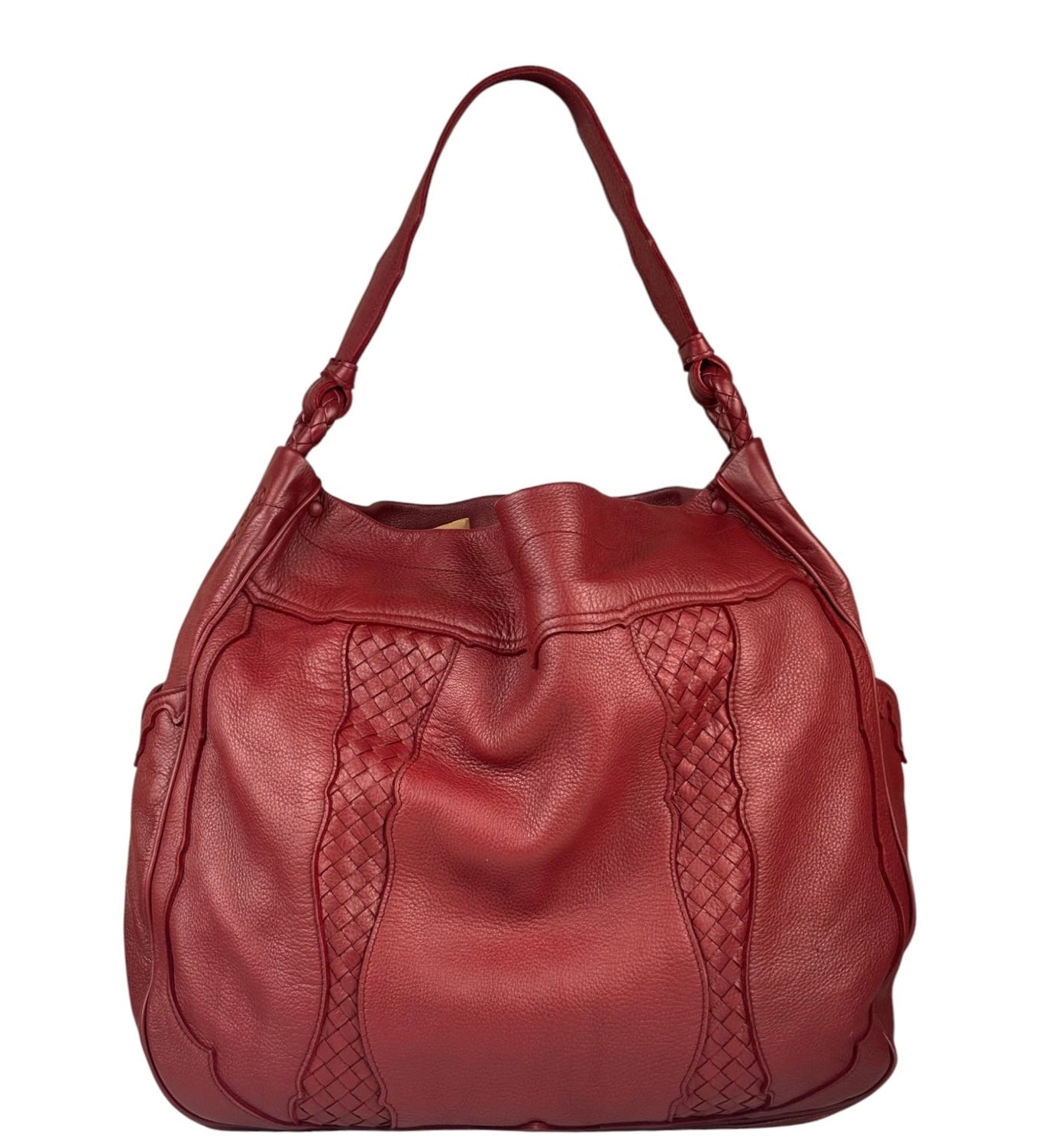 Bottega Veneta Red Leather Intrecciato Trim Hobo Bag