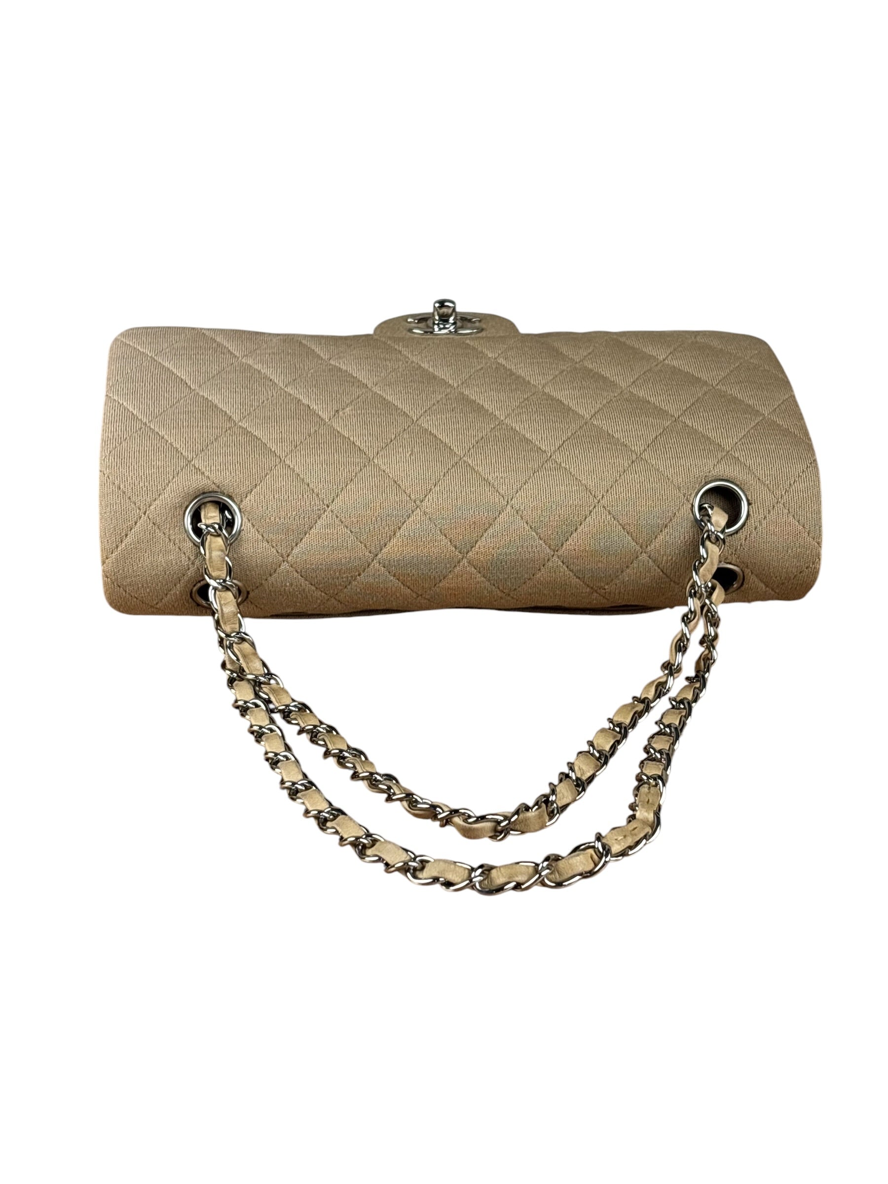 Chanel Beige Jersey Leather Trim Classic Double Flap Bag 2005