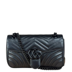 Gucci Black Leather GG Logo Marmont Noir Matelasse Shoulder Bag