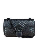 Gucci Black Leather GG Logo Marmont Noir Matelasse Shoulder Bag