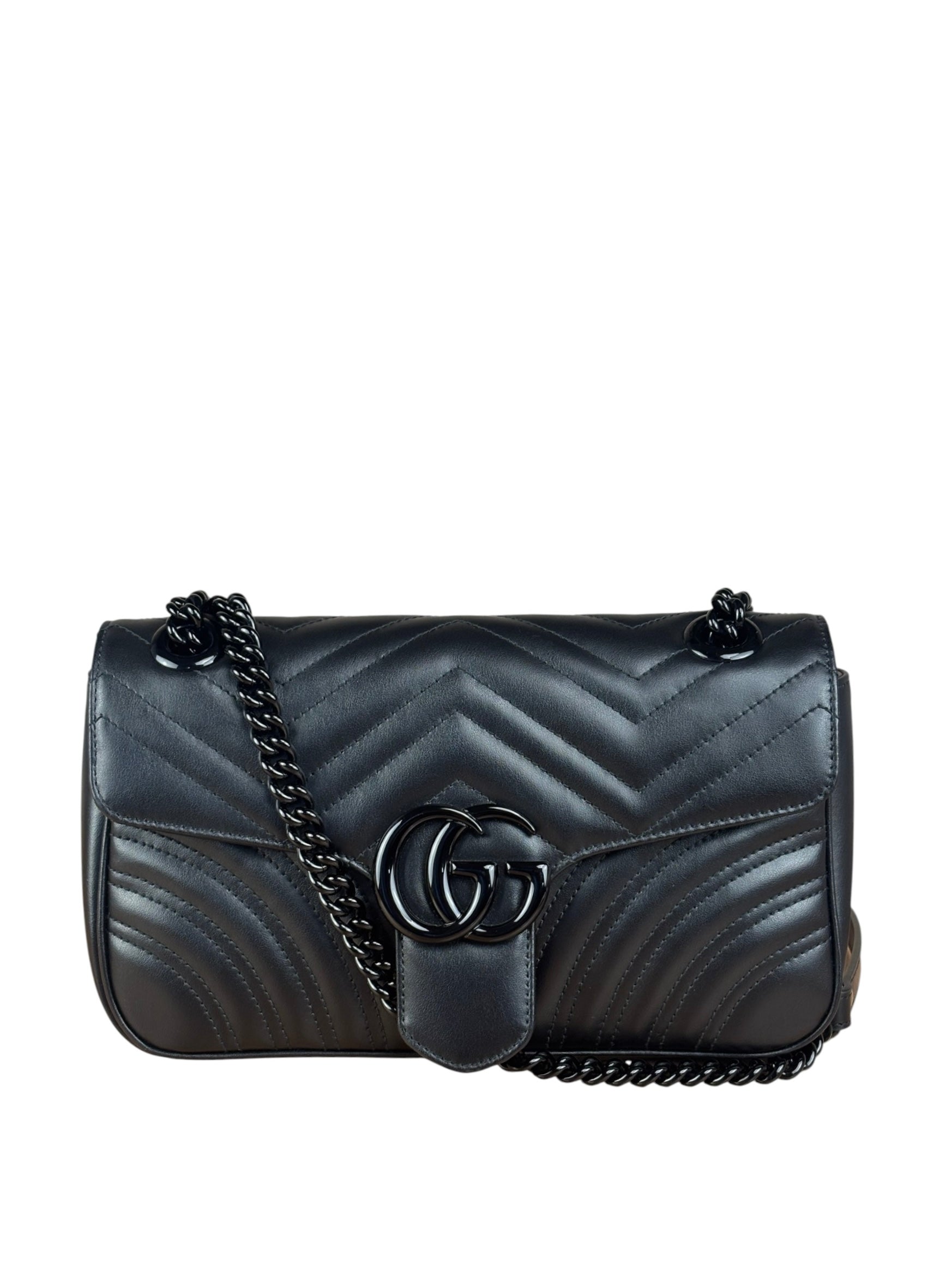 Gucci Black Leather GG Logo Marmont Noir Matelasse Shoulder Bag