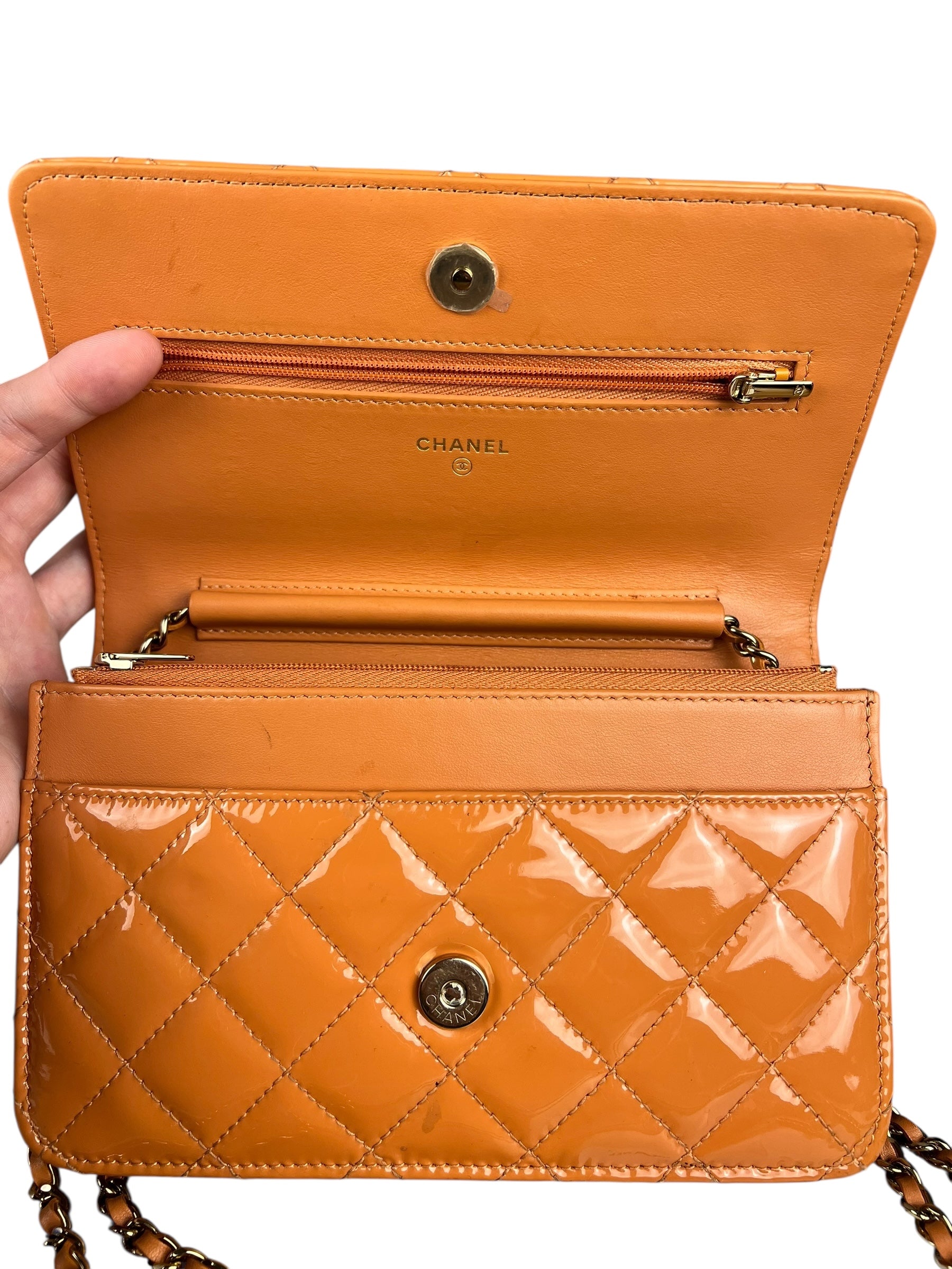Chanel Orange Patent Leather Flap Wallet on Chain Bag