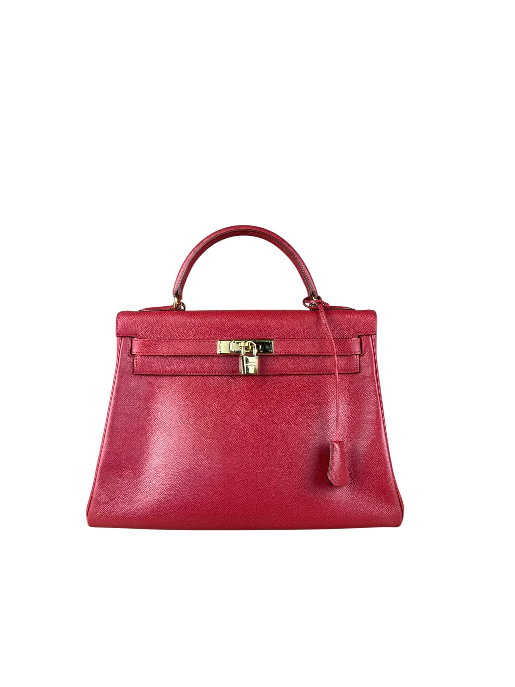 Hermes Kelly 32 Courchevel Rouge Vif Gold Handbag 1997