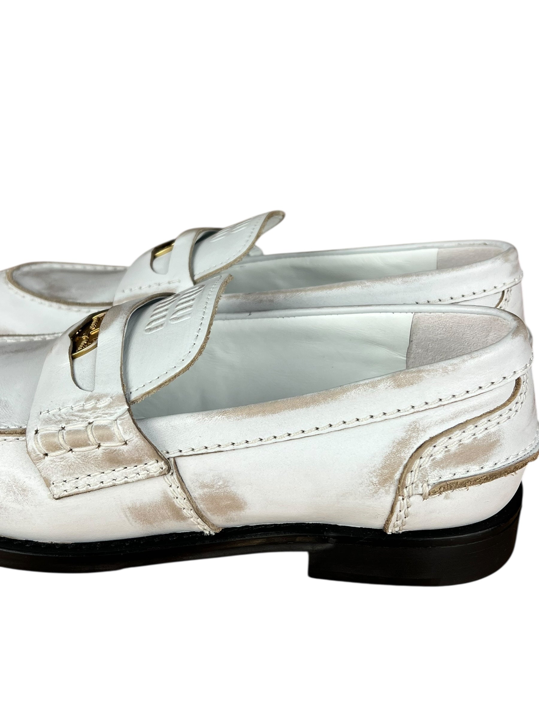 Miu Miu White Distressed Leather Penny Loafers