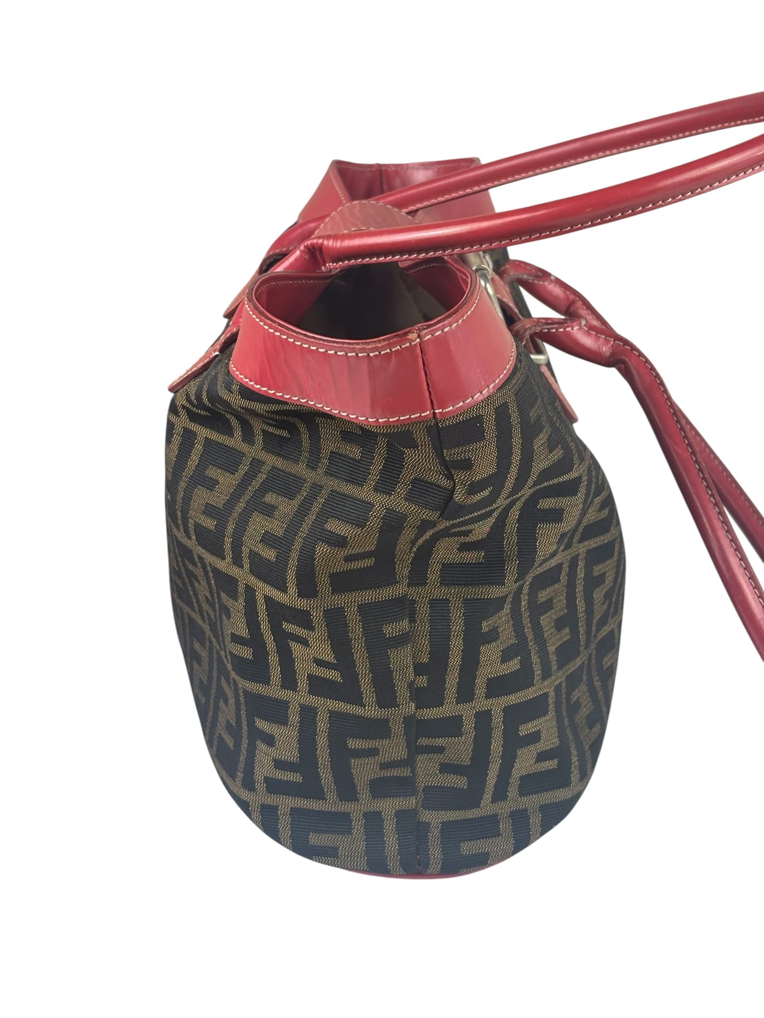 Fendi Beige/Red Leather Trim Zucca Buckle Tote