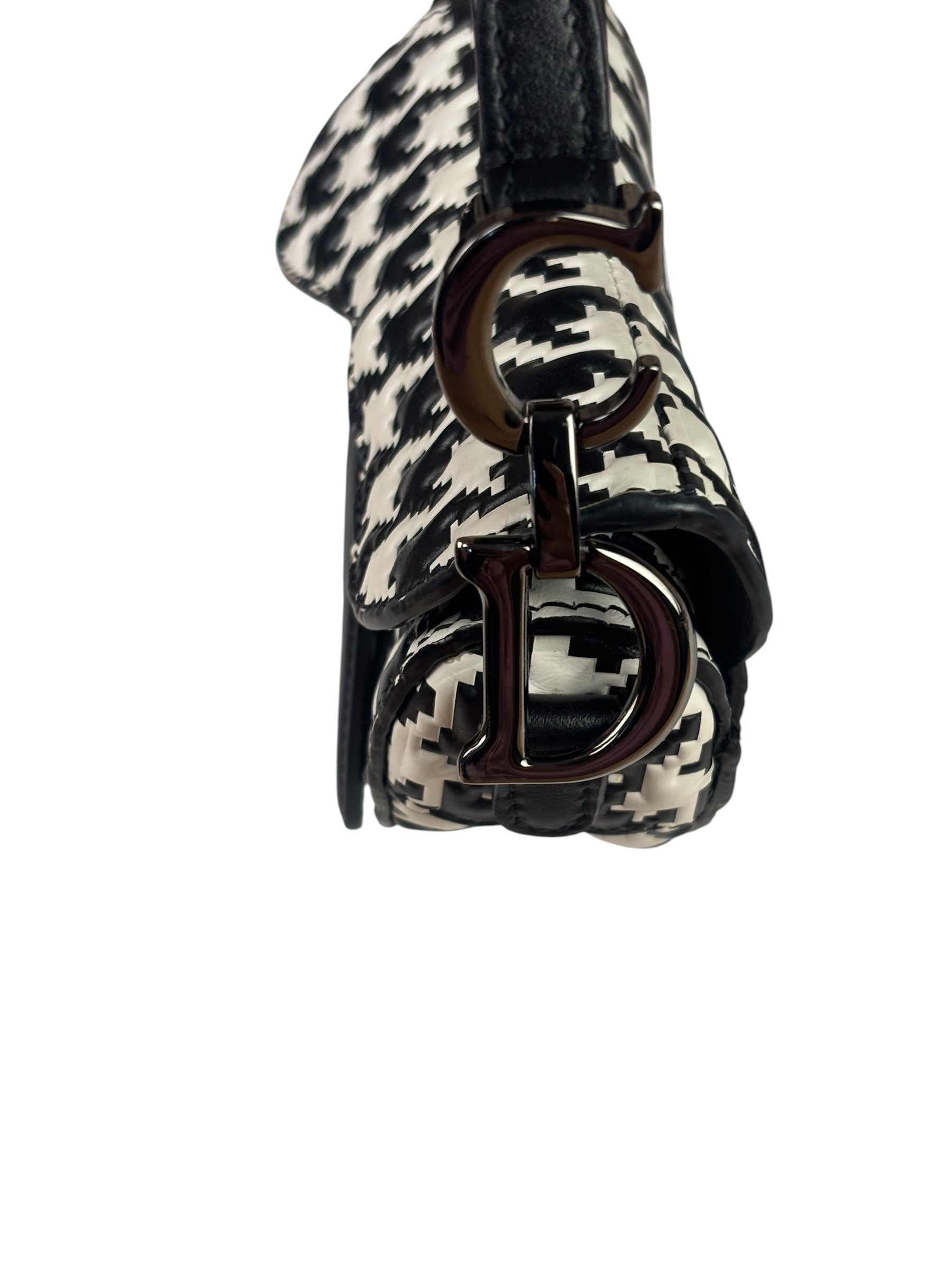 Christian Dior White/Black Leather Houndstooth Micro Saddle Bag