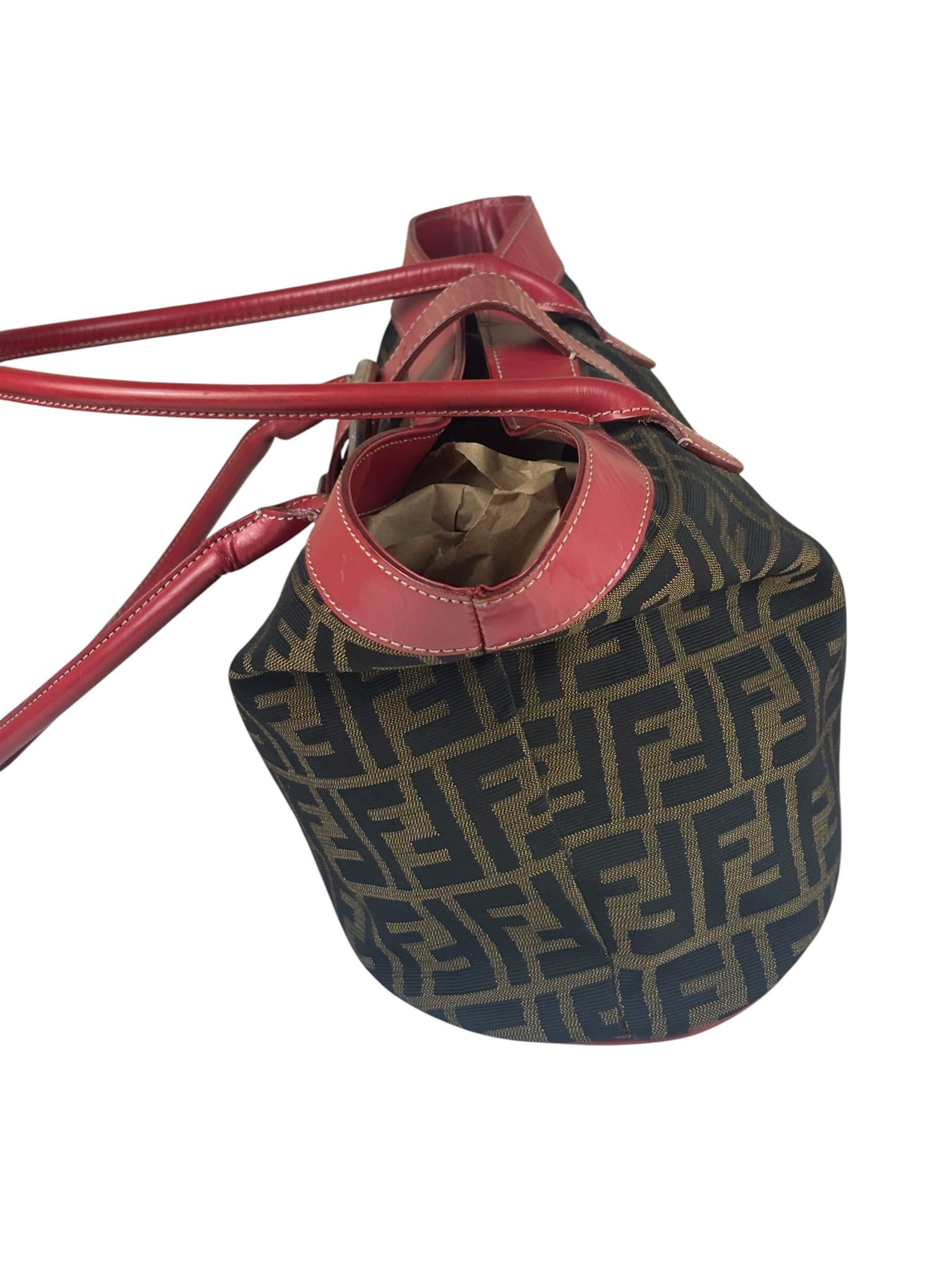 Fendi Beige/Red Leather Trim Zucca Buckle Tote