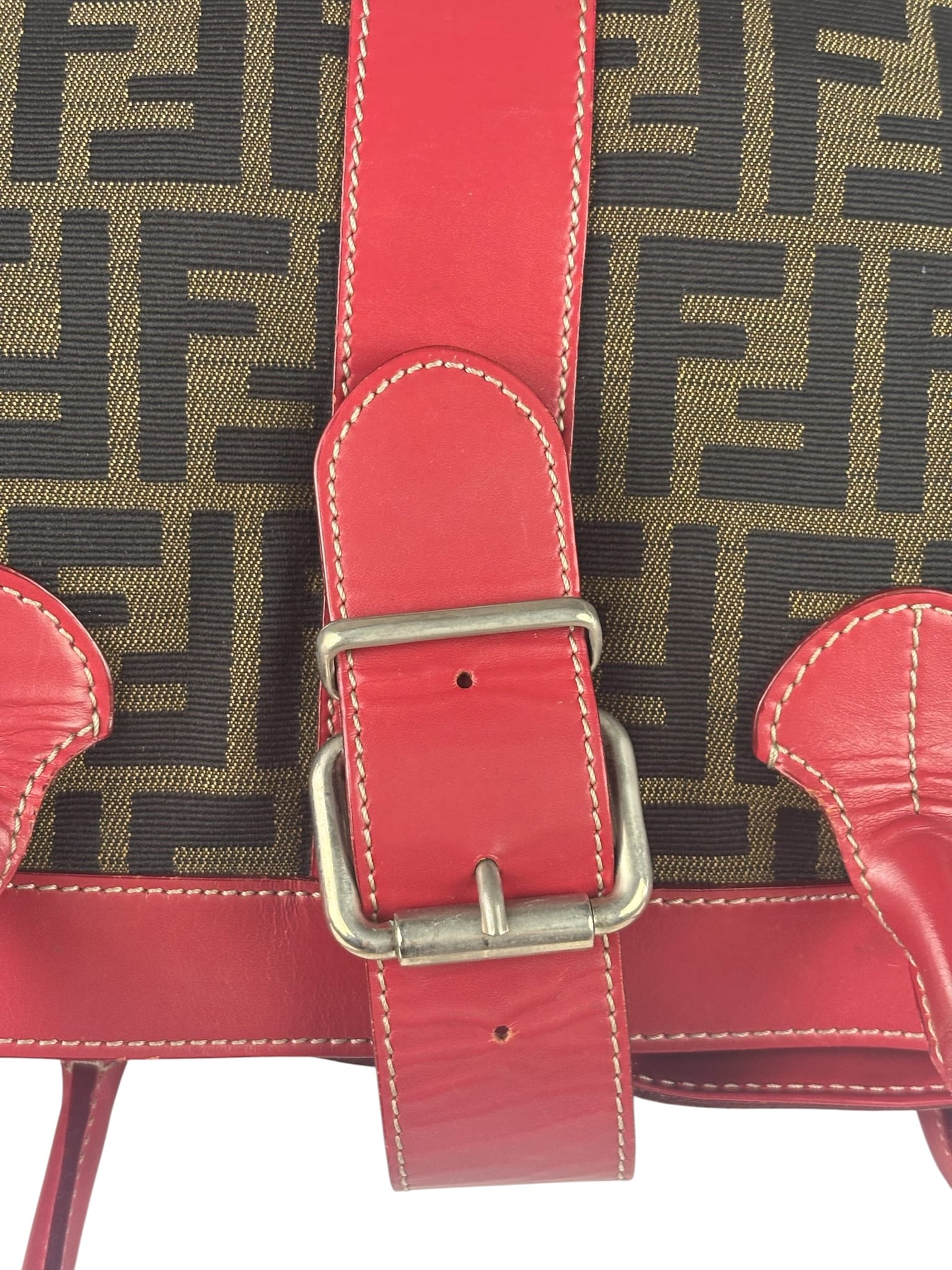 Fendi Beige/Red Leather Trim Zucca Buckle Tote