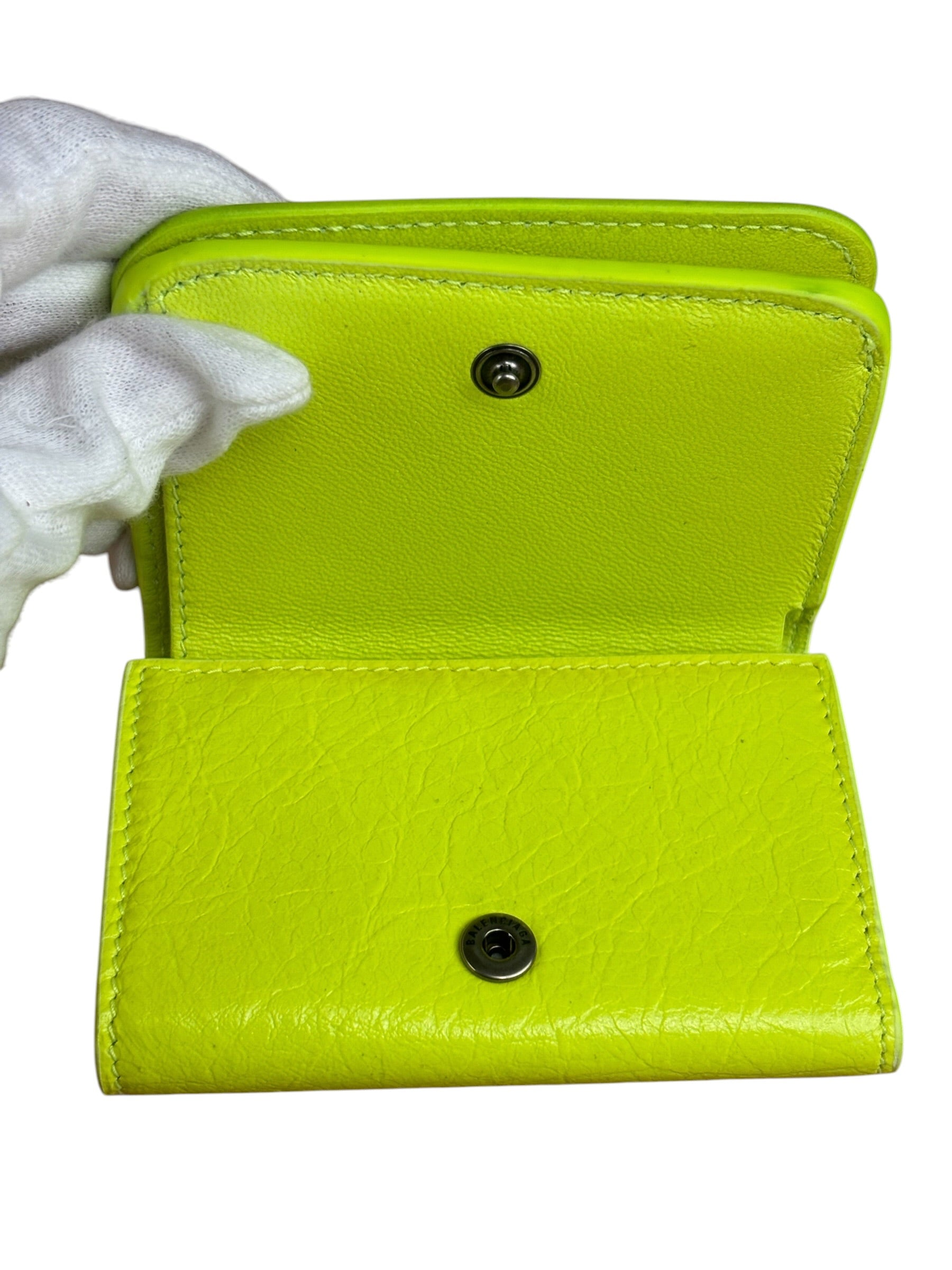 Balenciaga Fluo Neon Yellow Leather Cash Trifold Mini Wallet