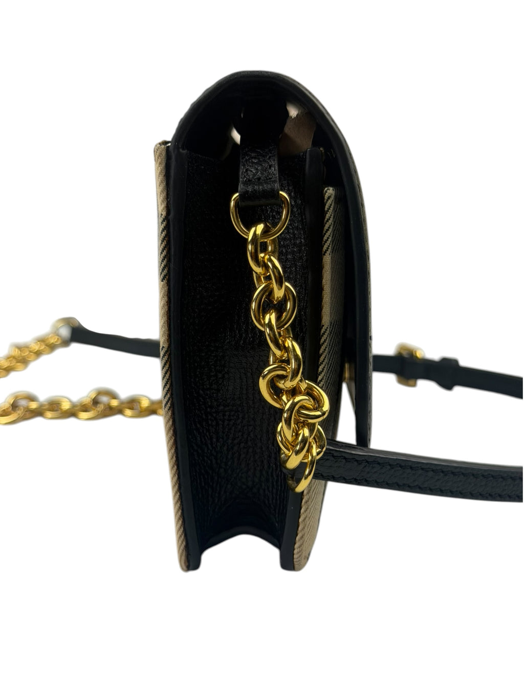 Burberry Black Leather House Check Flap Wallet On Chain