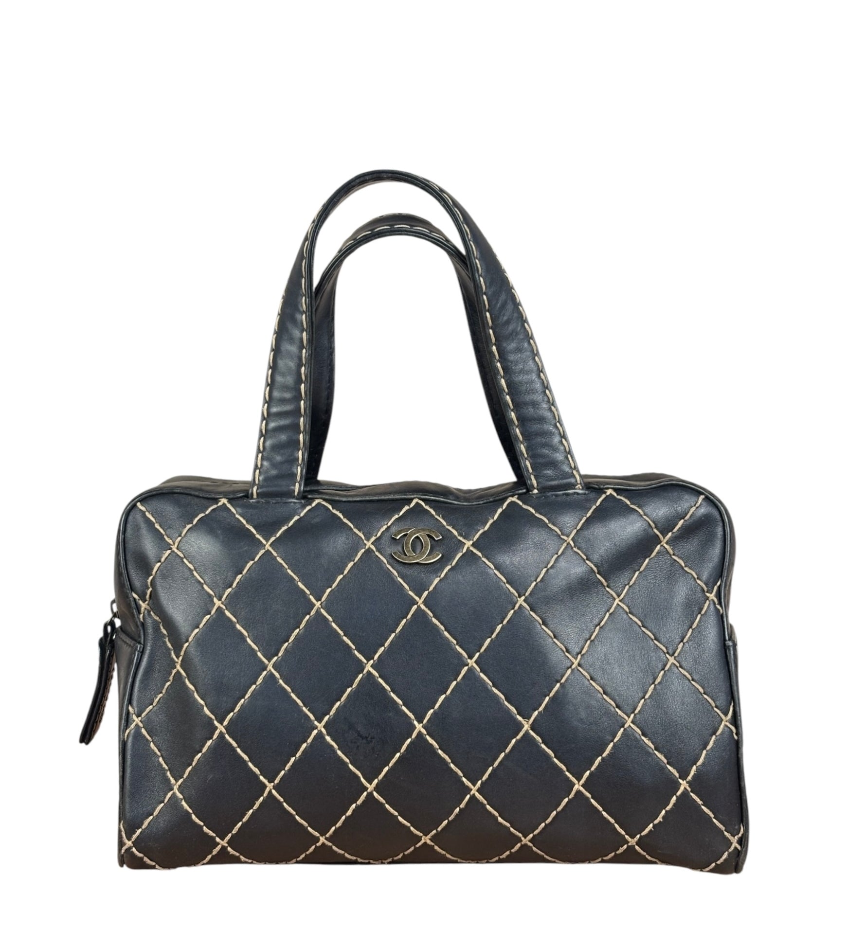 Chanel Vintage Black Leather Wild Stitch Bowler Shoulder Bag 2001
