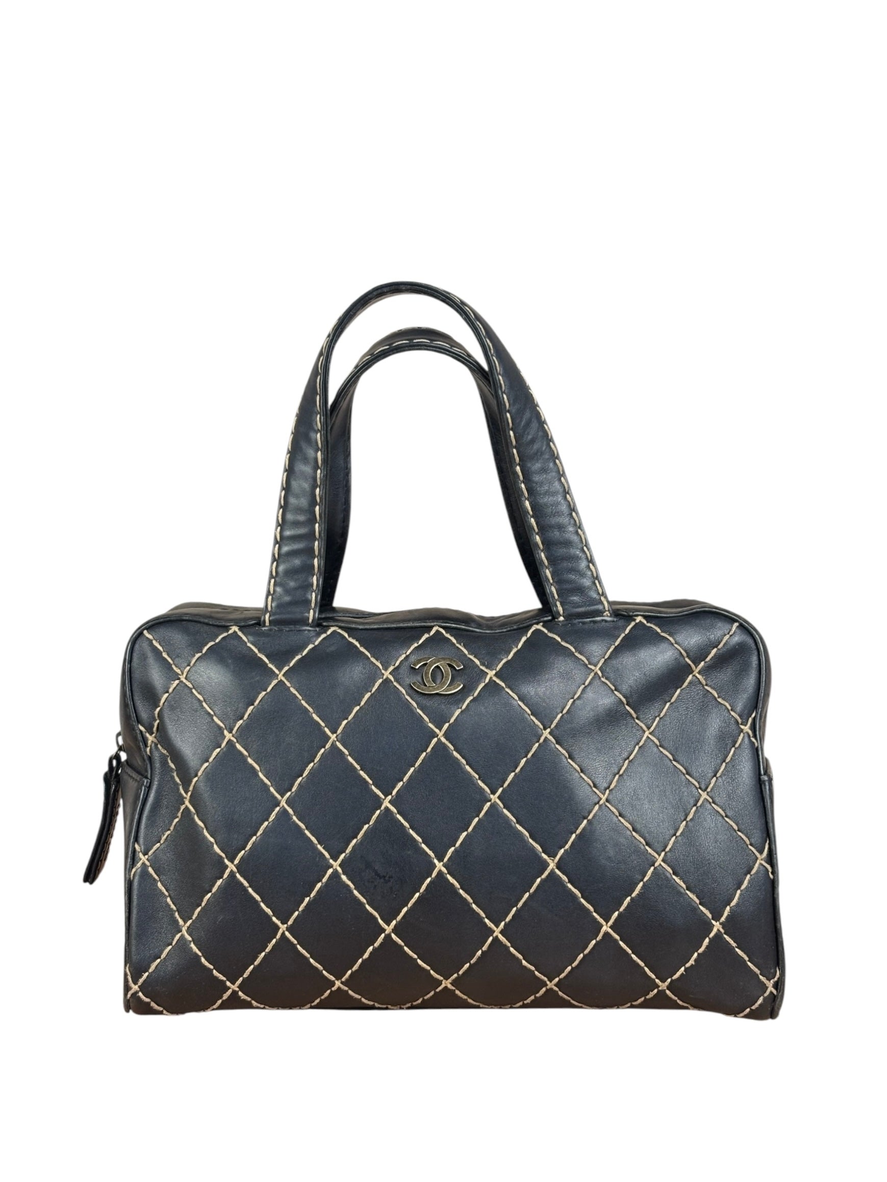 Chanel Vintage Black Leather Wild Stitch Bowler Shoulder Bag 2001