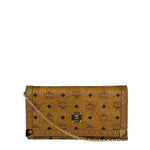 MCM Brown Leather Monogram Studded Long Wallet On Chain
