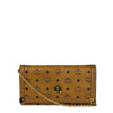MCM Brown Leather Monogram Studded Long Wallet On Chain