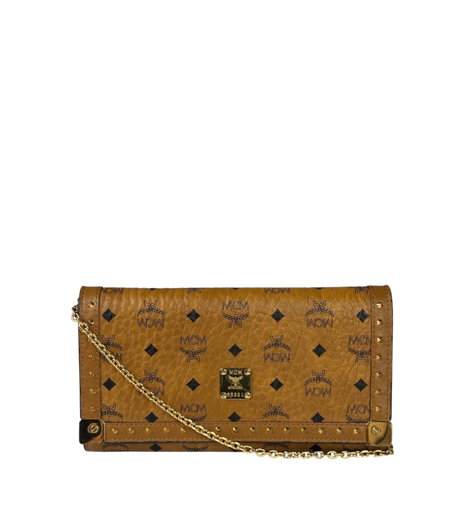 MCM Brown Leather Monogram Studded Long Wallet On Chain