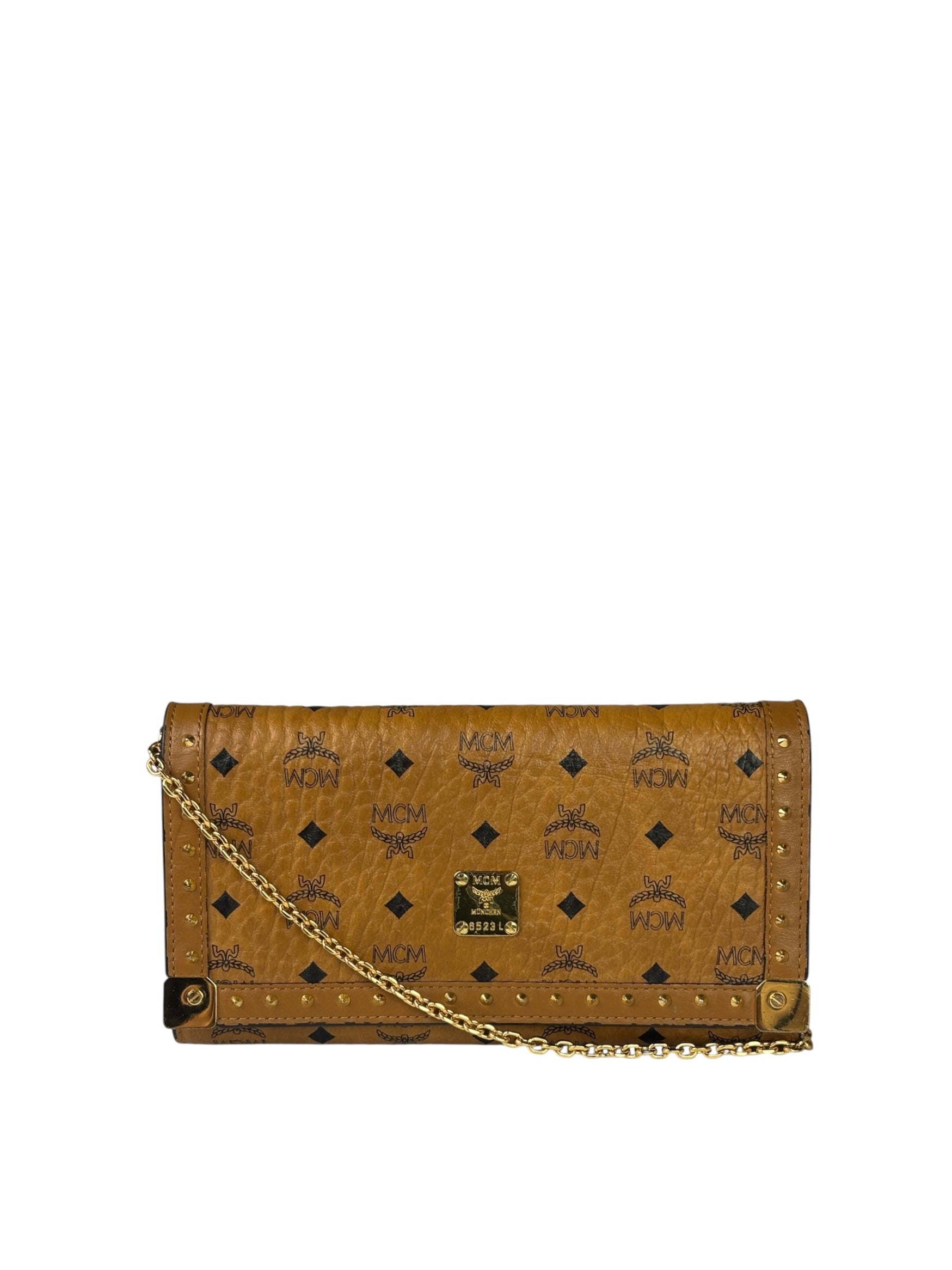 MCM Brown Leather Monogram Studded Long Wallet On Chain