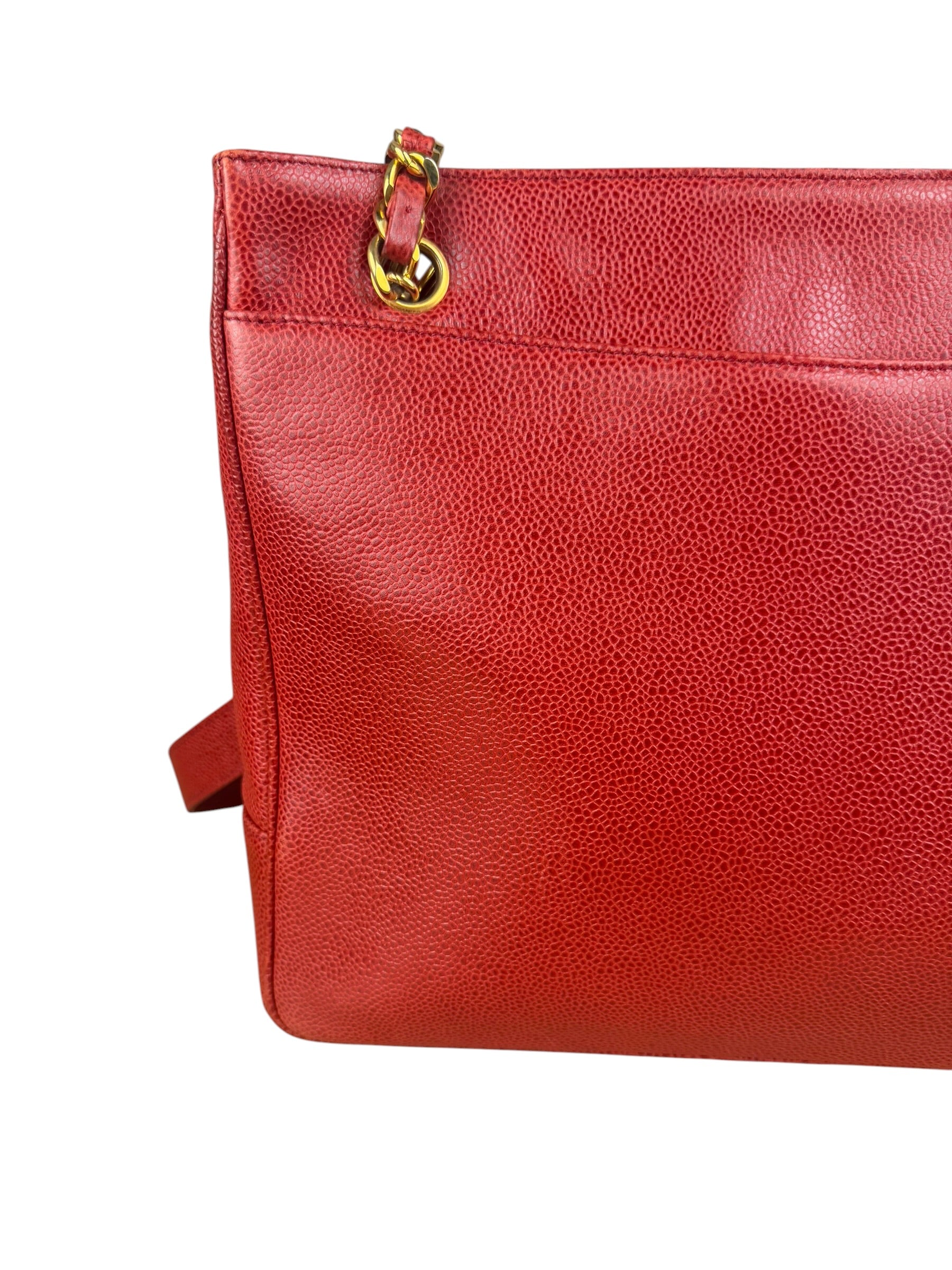 Chanel Red Caviar Leather CC Logo Tote Bag