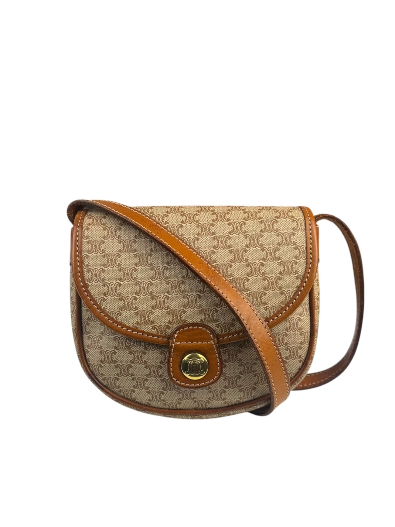 Celine Vintage Beige Leather Trim Macadam Mini Crossbody