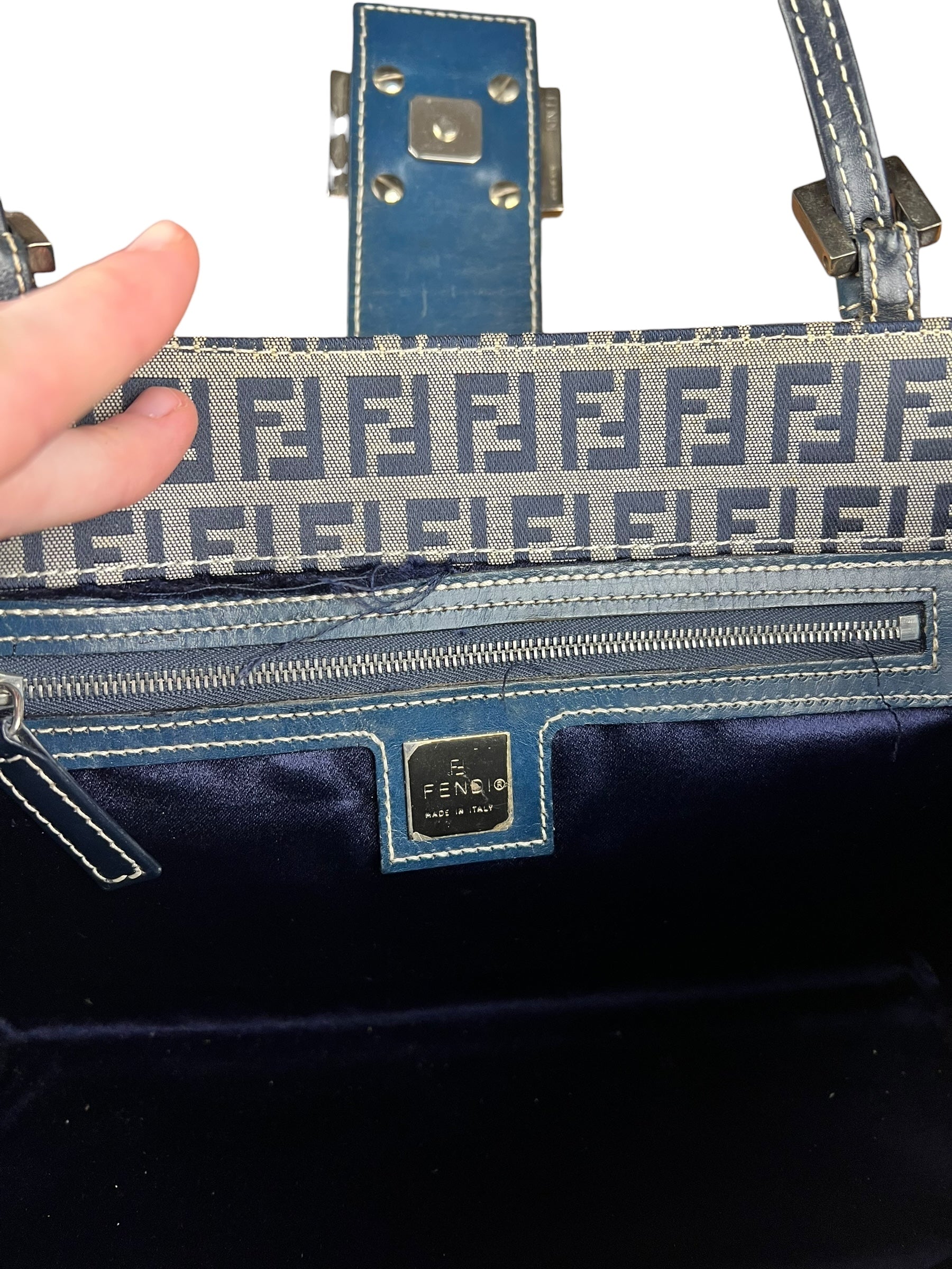 Fendi FF Buckle Navy Zucca Tote Handbag