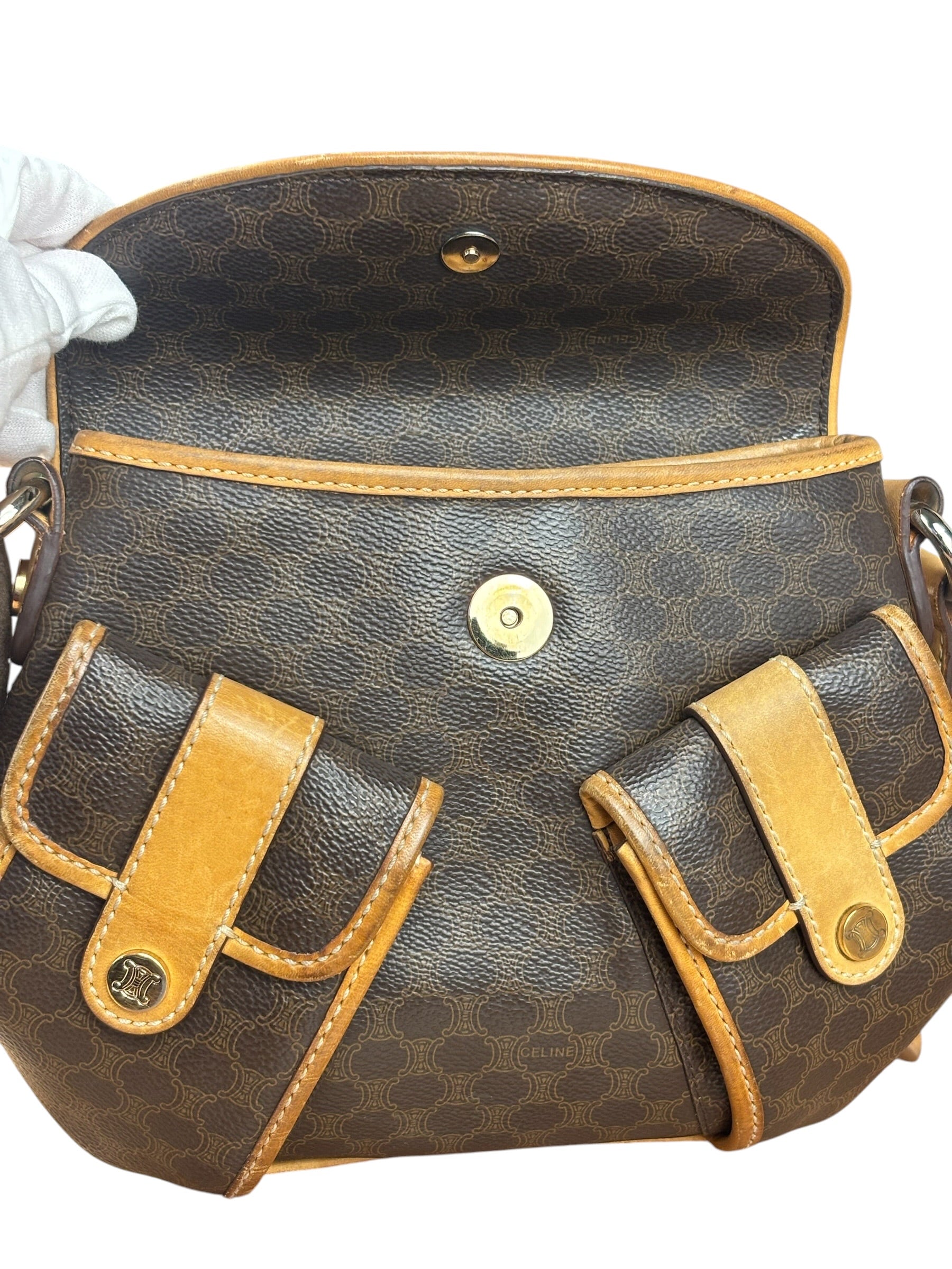 Celine Vintage Leather Macadam Double Pocket Shoulder Bag