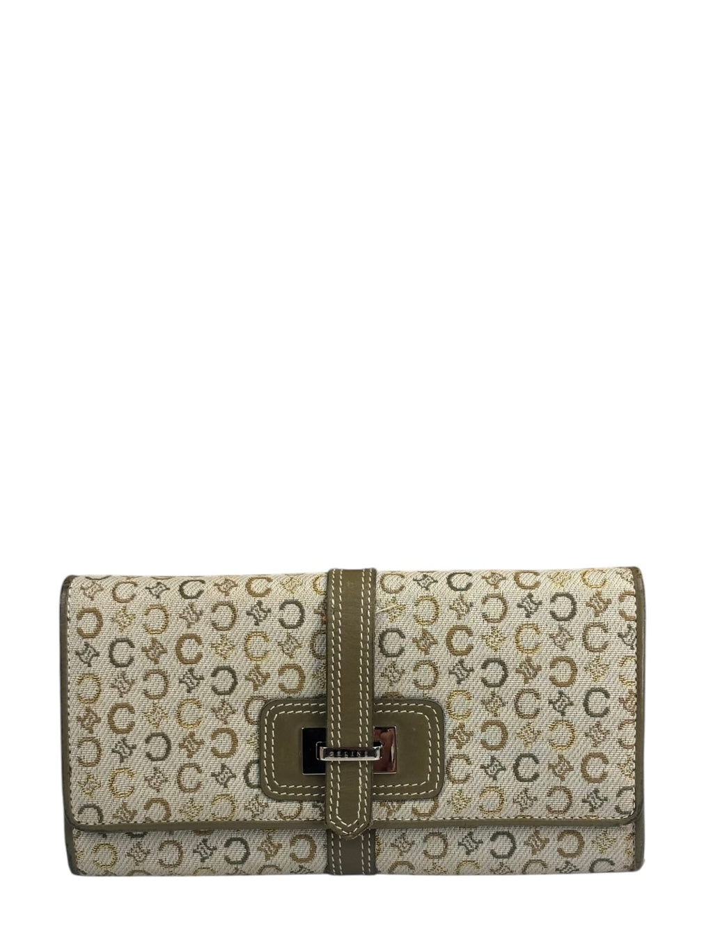 Celine Green/Beige Leather Trim Macadam Flap Wallet