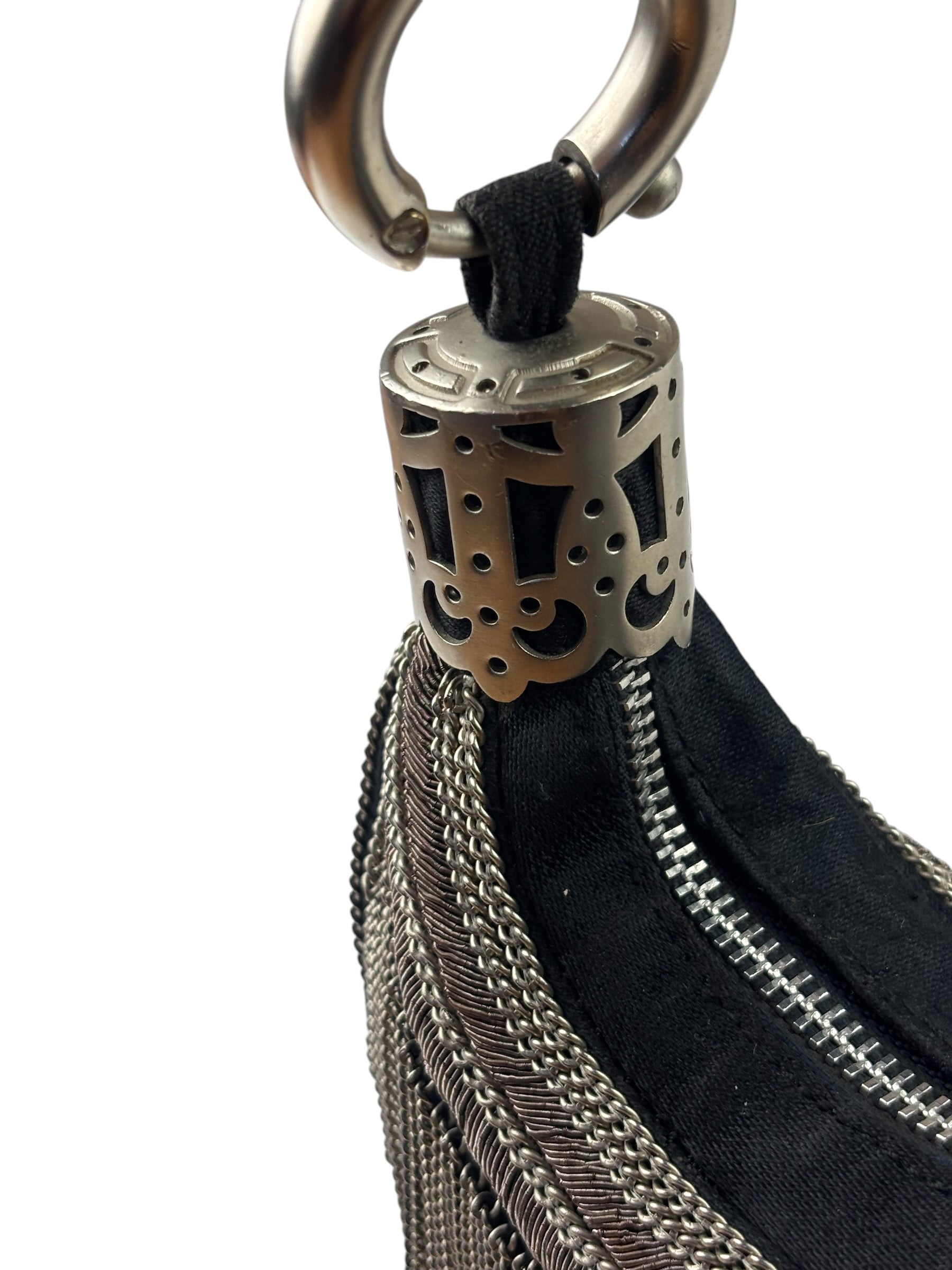 Chole Black Nylon Chain-Link Crescent Mini Hobo Bag