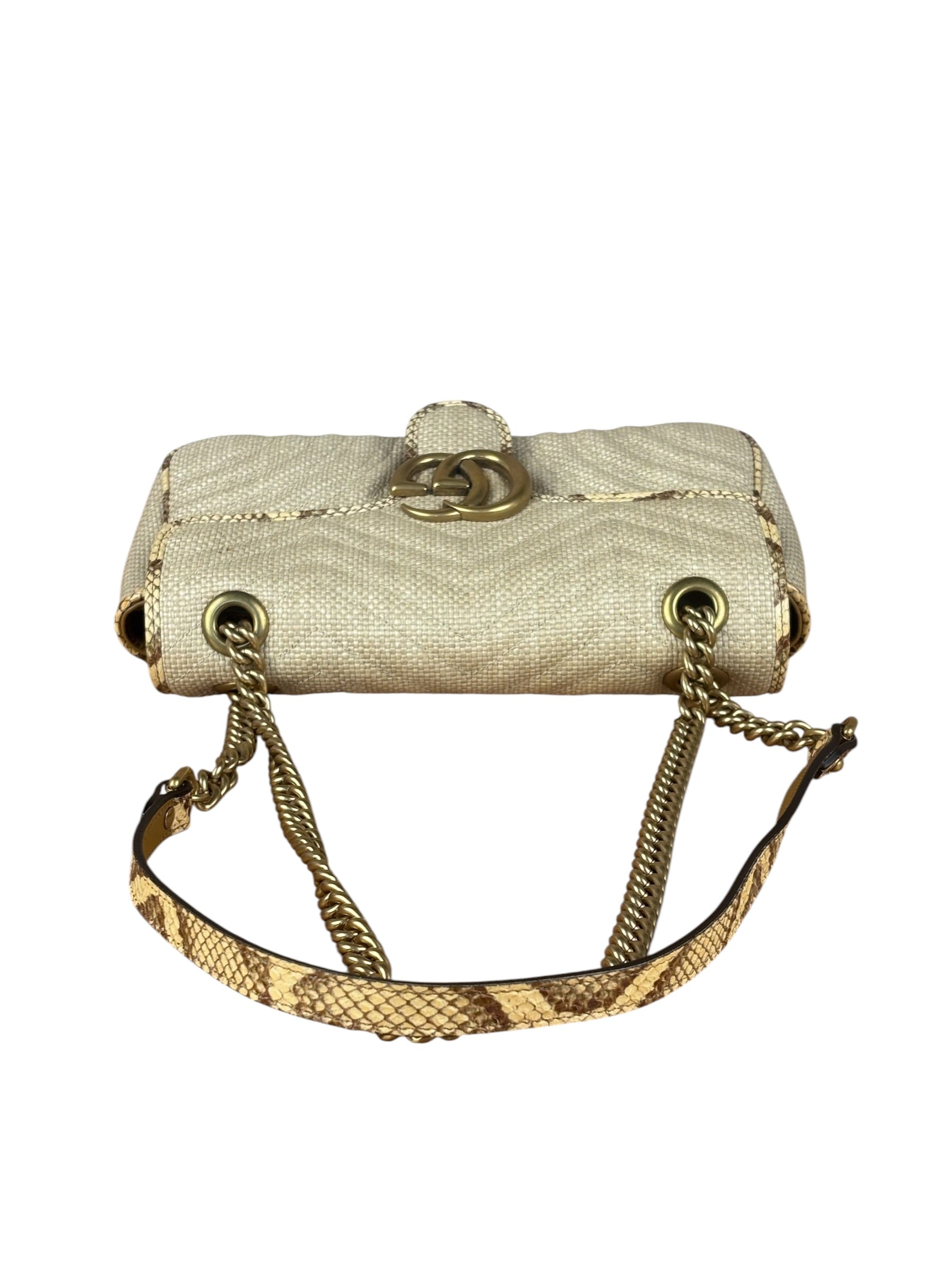 Gucci GG Beige Raffia Marmont Snakeskin Trim Flap Bag