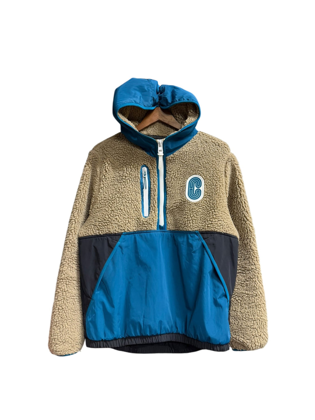 Coach Black/Blue/Beige Nylon Deep Pile Fleece Hooded Jacket