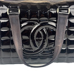 Chanel Black Leather Patent Chocolate Bar Bowler Hand Bag
