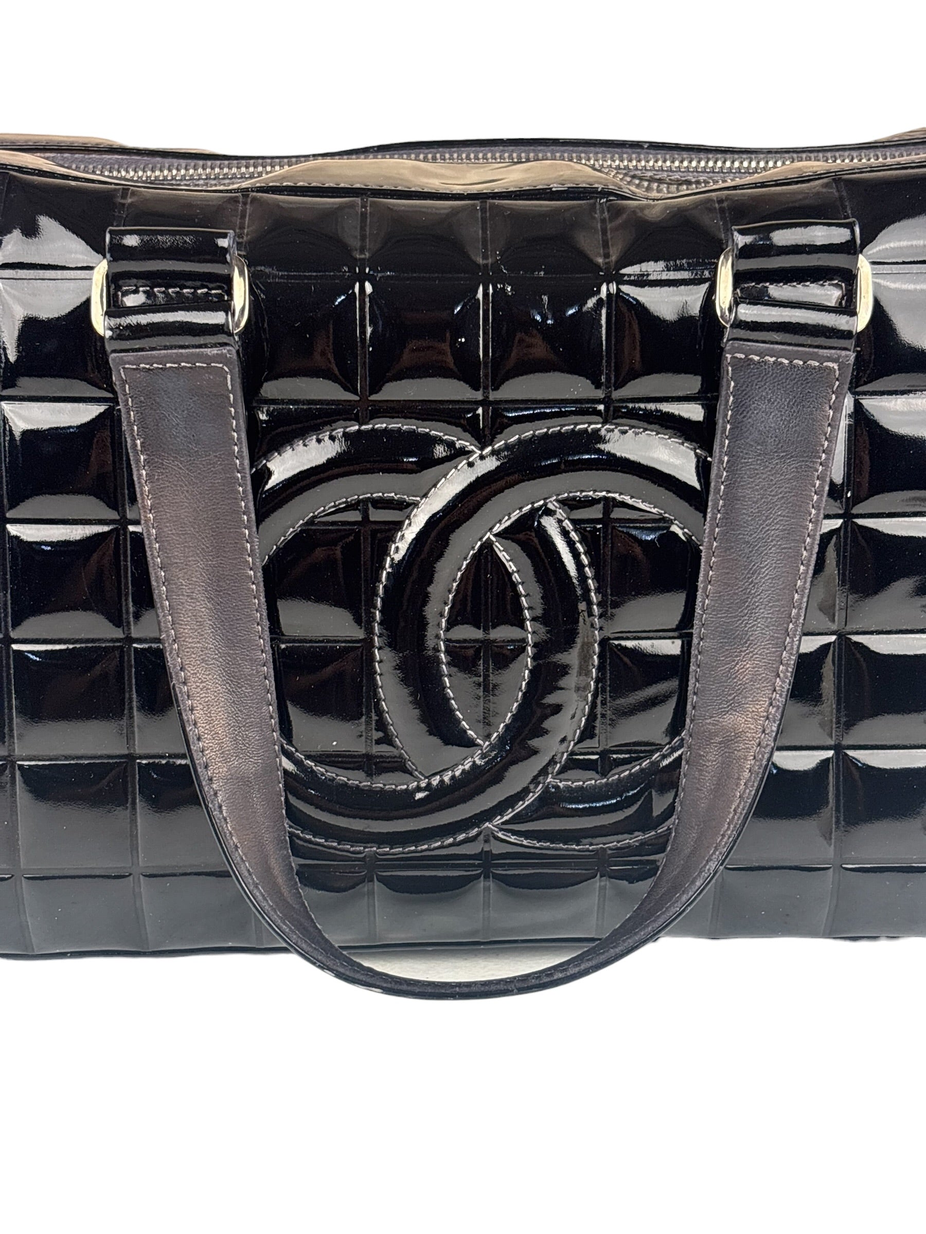 Chanel Black Leather Patent Chocolate Bar Bowler Hand Bag
