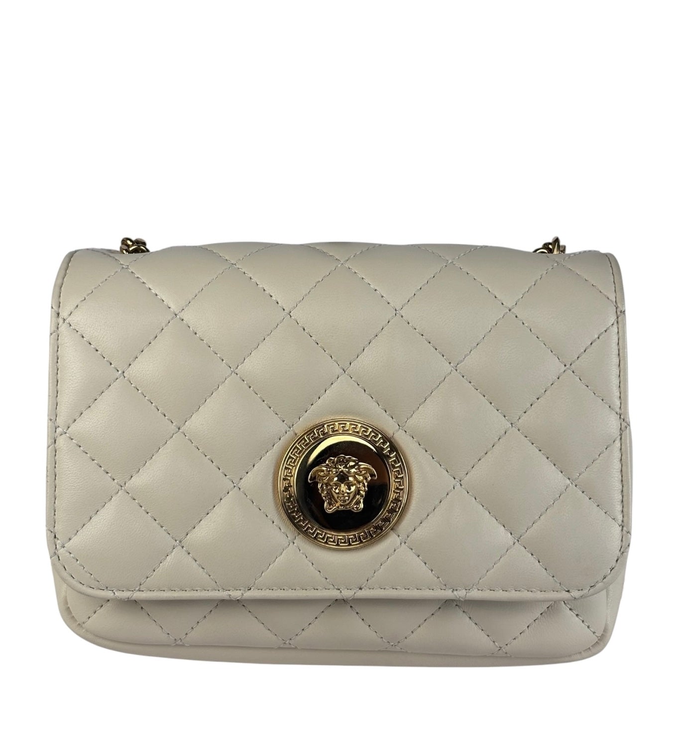 Versace Ivory Quilted Leather Medusa Flap Bag