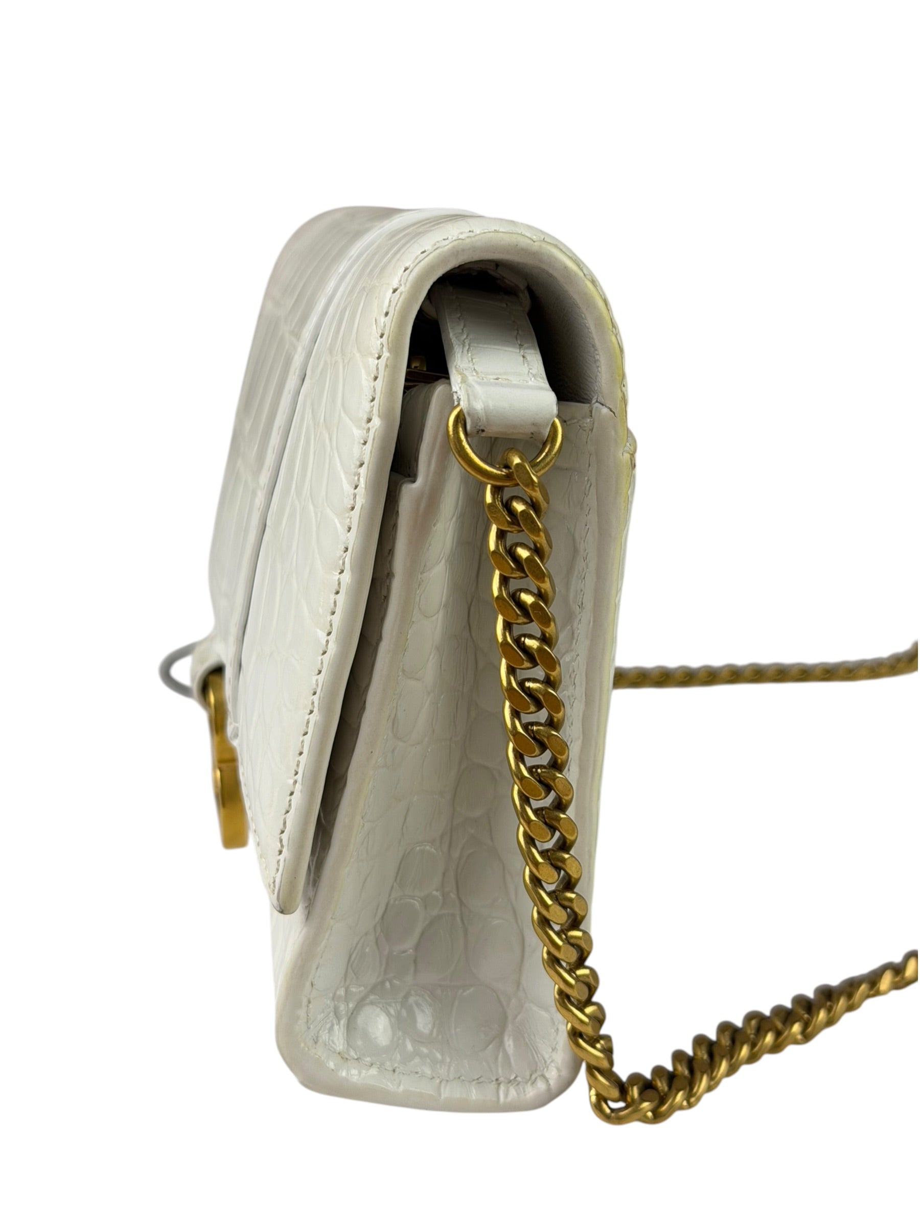 Balenciaga White Crocodile Embossed Hourglass Wallet On Chain