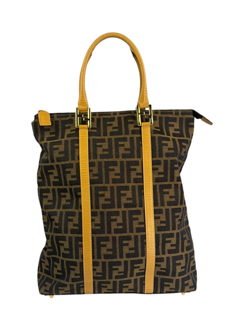 Fendi Beige Leather Trim Zucca Vertical Tote