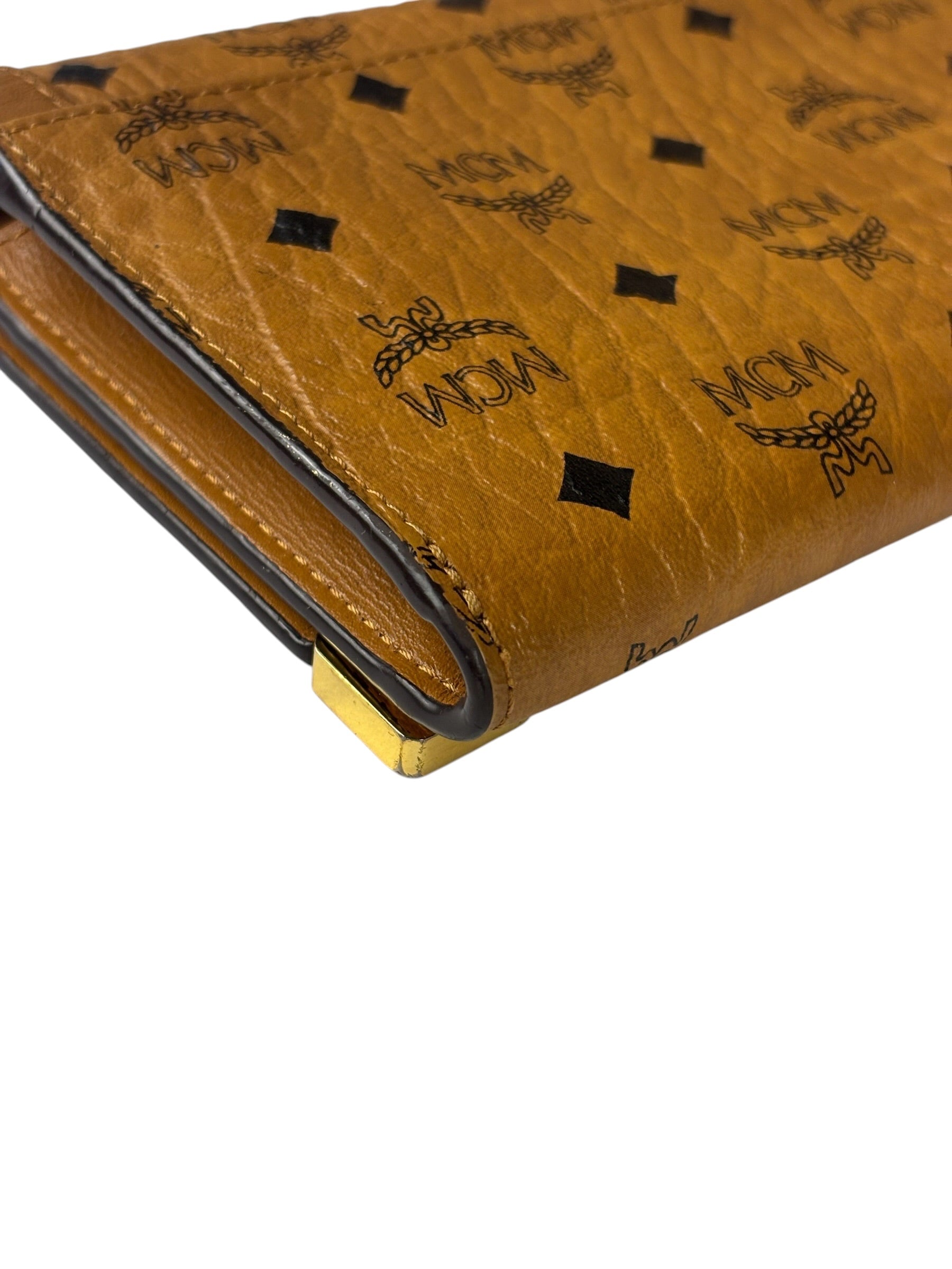MCM Brown Leather Monogram Studded Long Wallet On Chain