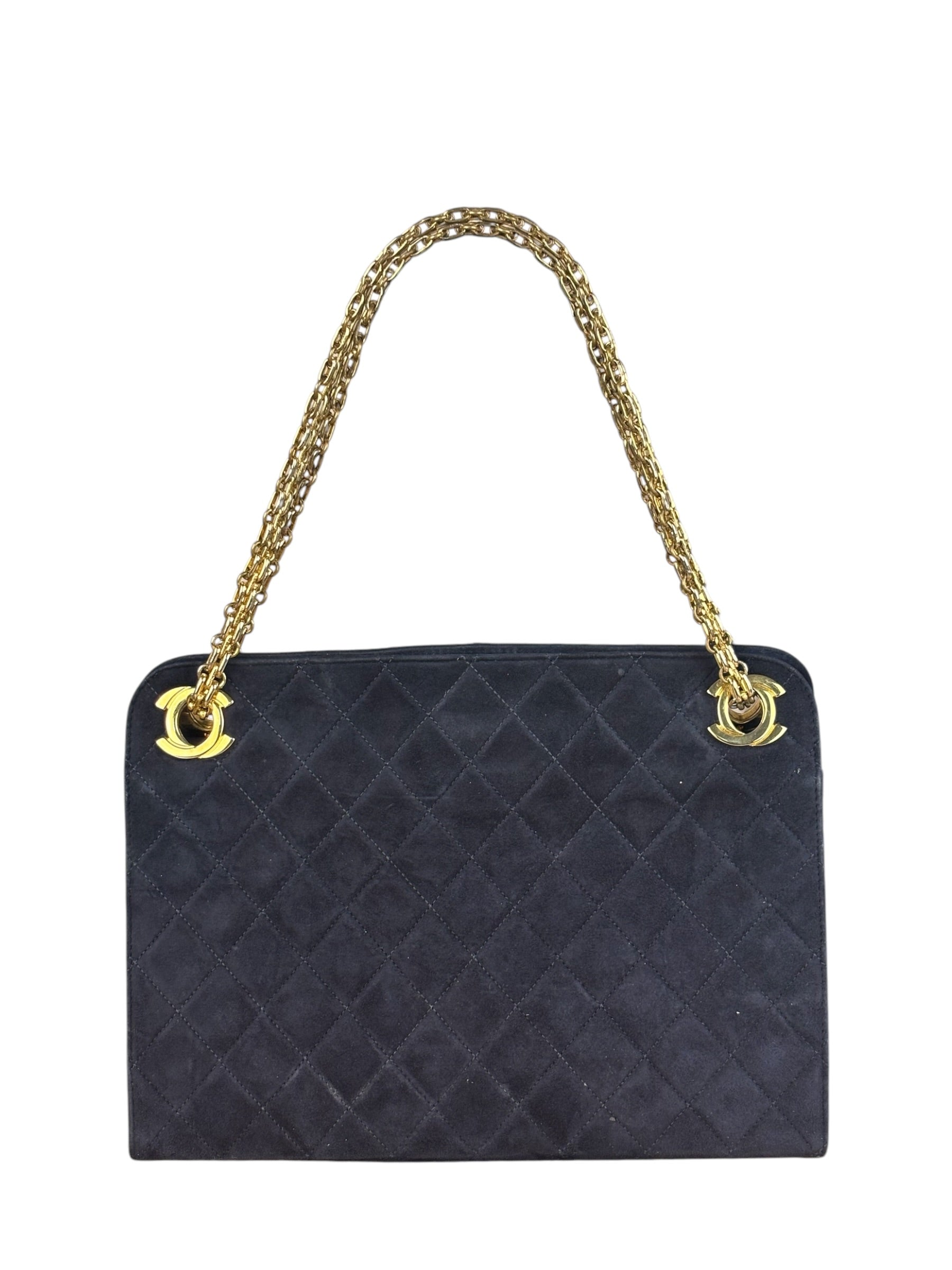 Chanel Vintage Navy Blue Matelasse Quilted Suede Chain Shoulder Bag