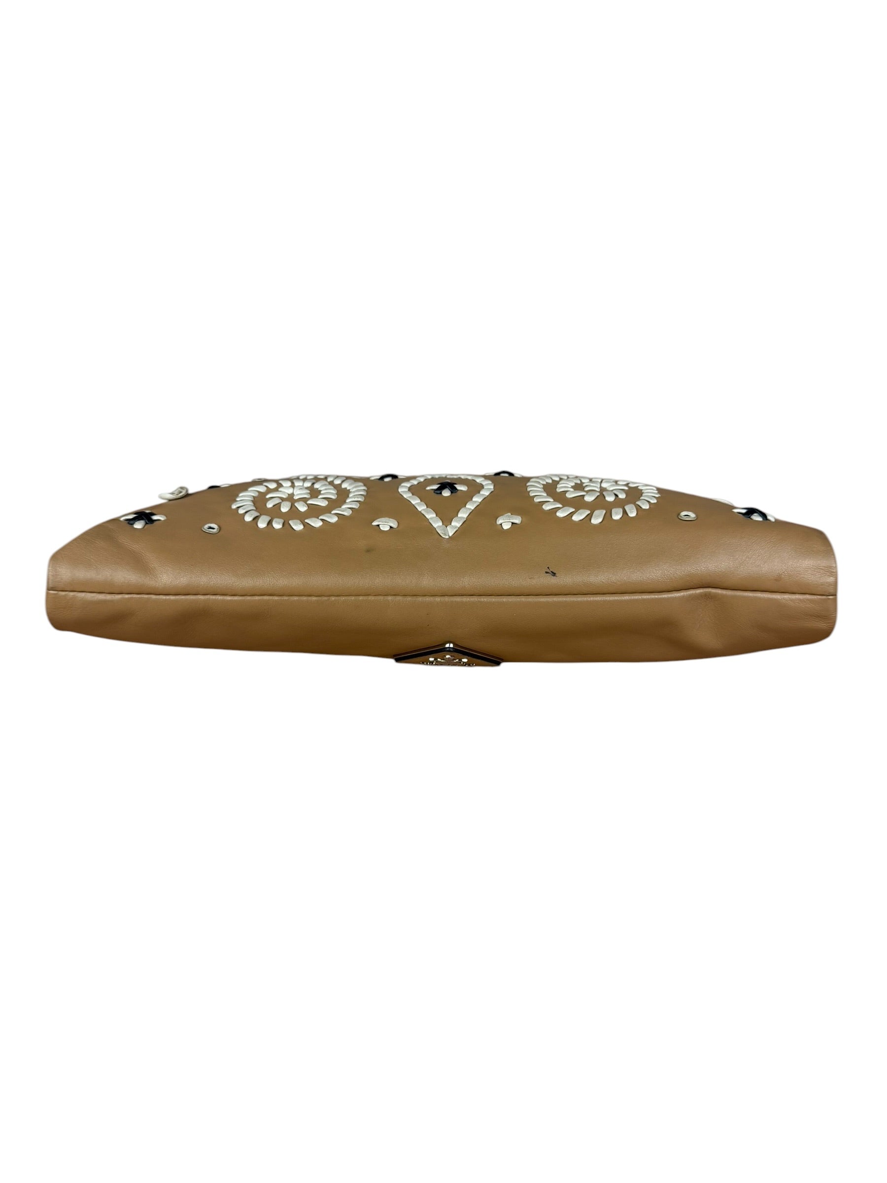 Prada Vintage Camel Leather Embroidery Clutch