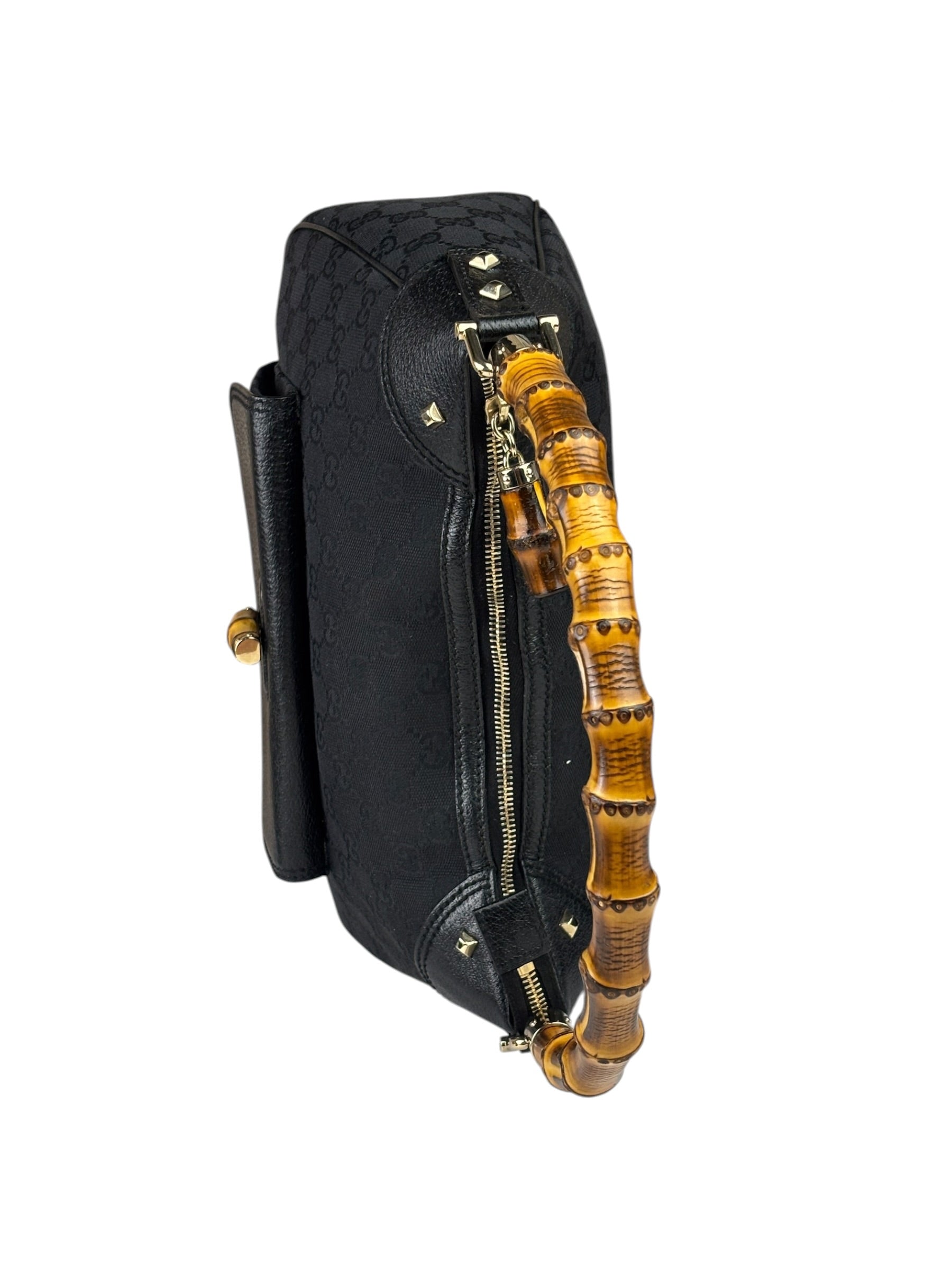 Gucci Black Leather Trim Bamboo Handle Hobo Bag