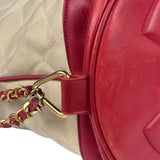 Chanel Vintage Beige/Red Leather Trim Drawstring Bucket Bag 1989