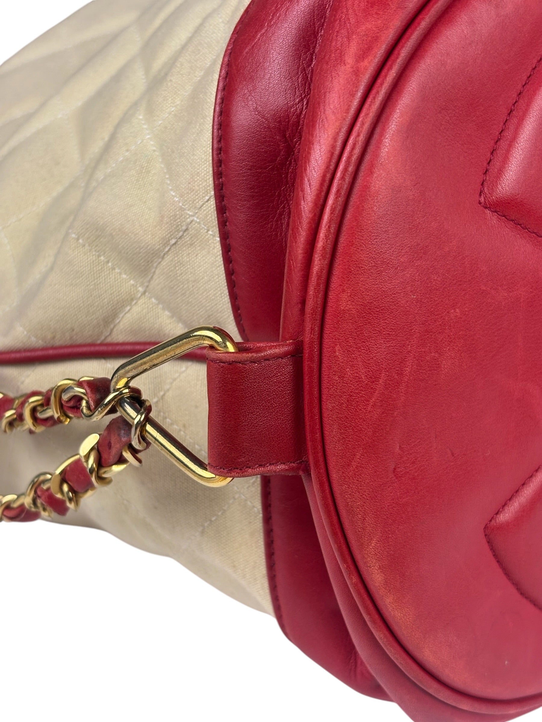 Chanel Vintage Beige/Red Leather Trim Drawstring Bucket Bag 1989