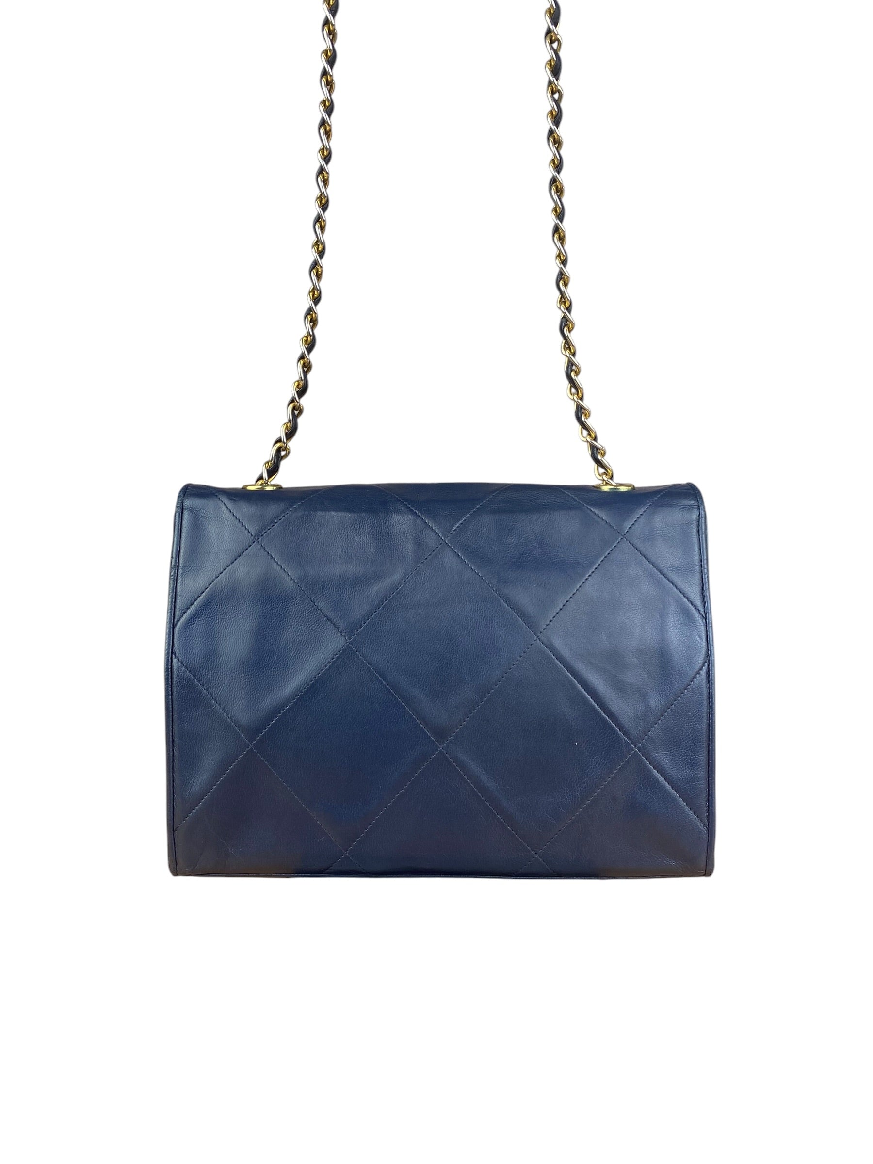 Chanel Navy Leather Diamond Stitch Flap Bag 1988