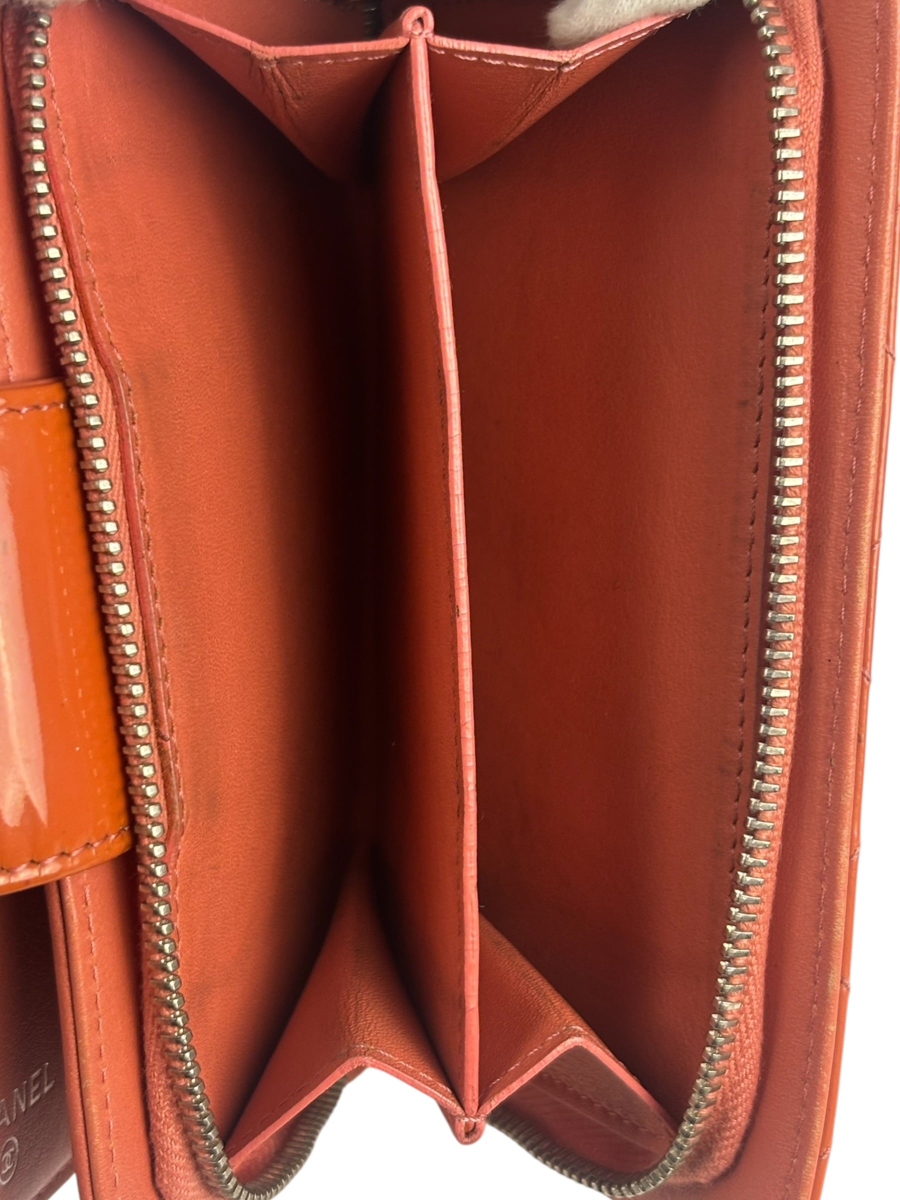 Chanel Peach Patent Quilted Compact Zip Wallet 2011