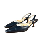 Manolo Blahnik Navy Blue Leather Slingback Kitten Heels