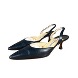 Manolo Blahnik Navy Blue Leather Slingback Kitten Heels