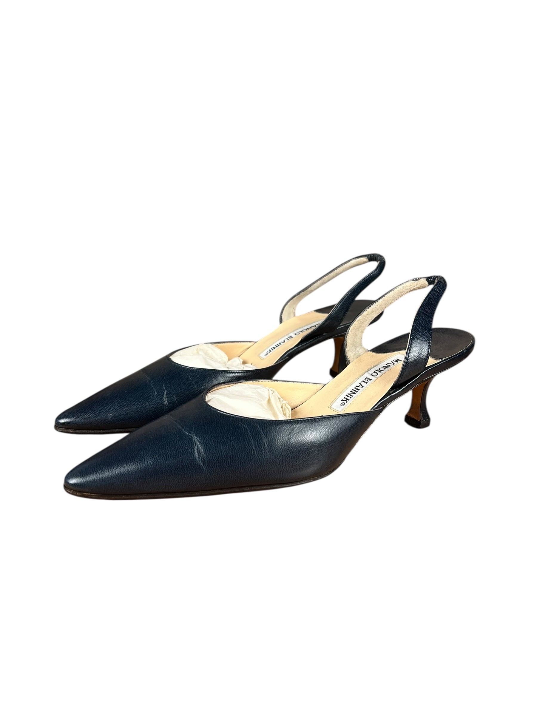 Manolo Blahnik Navy Blue Leather Slingback Kitten Heels