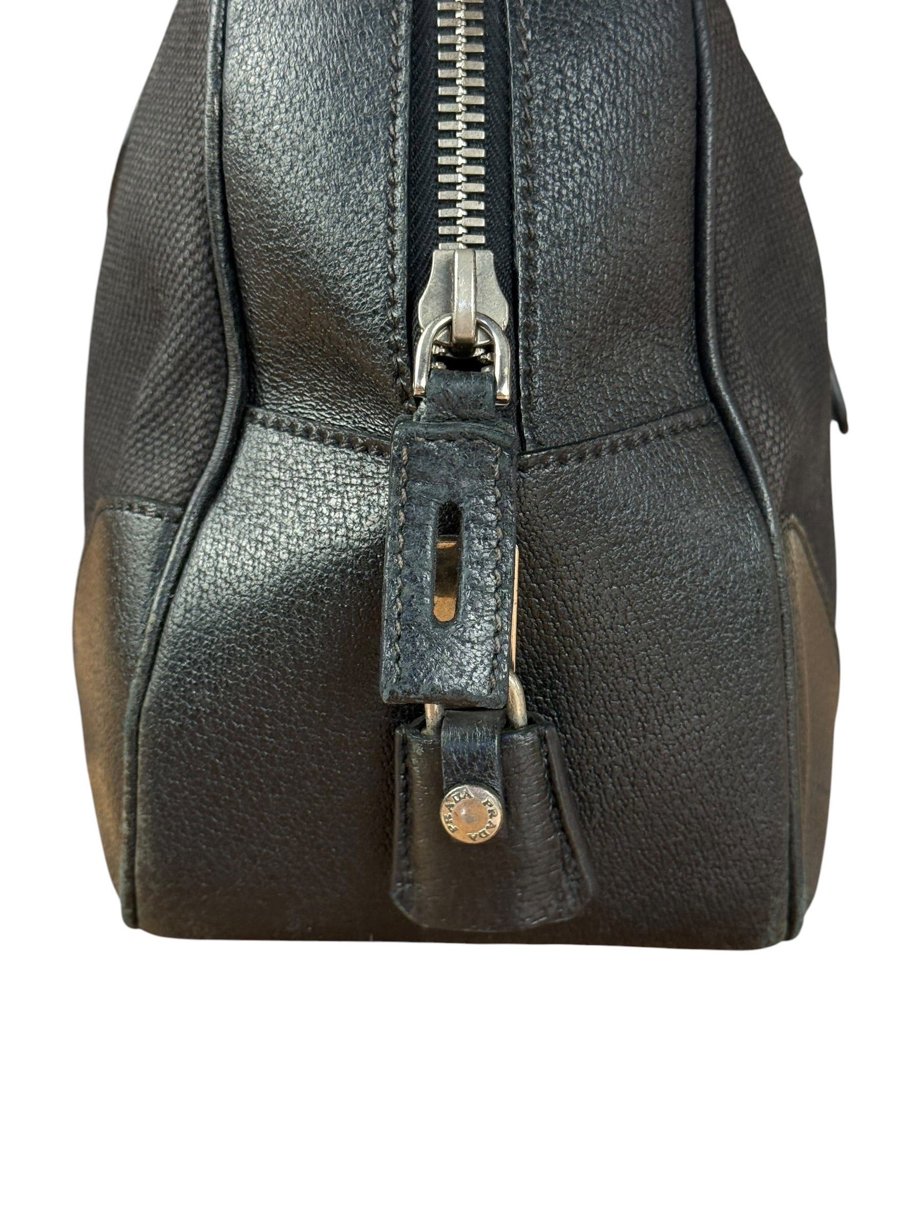 Prada Vintage Black Canvas Leather Trim Bowler Shoulder Bag