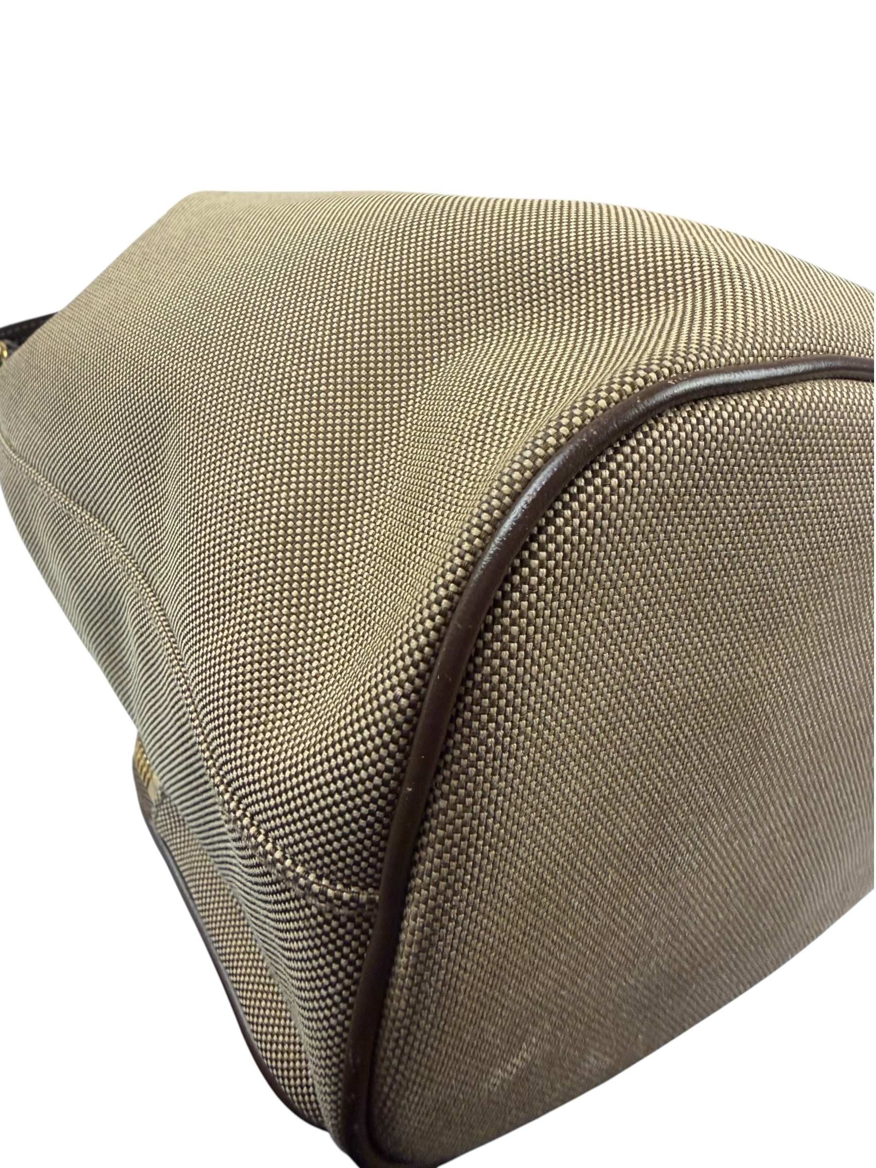 Prada Tan Beige Leather Trim Jaquard Canvas Bucket Bag