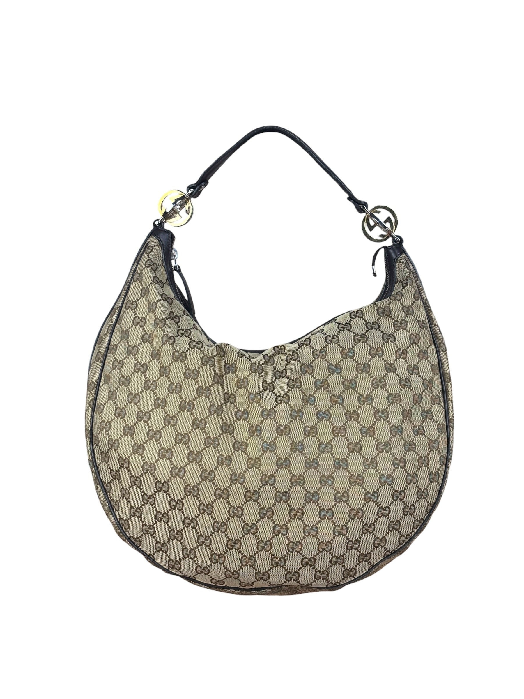 Gucci Vintage Dark Brown Leather Trim GG Canvas Twin Hobo Bag