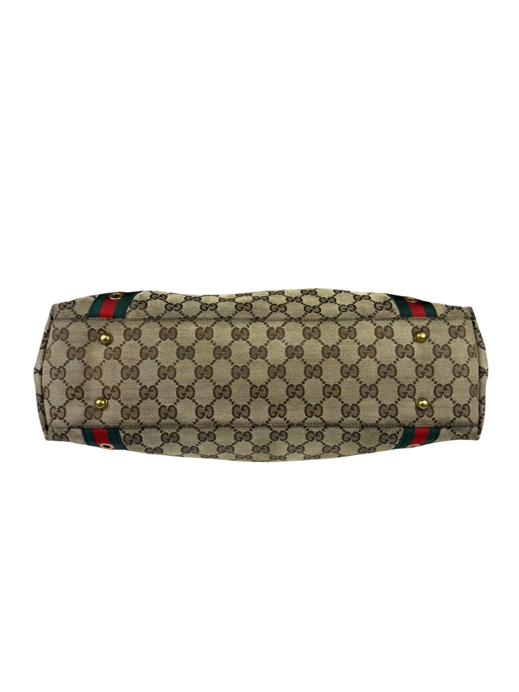 Gucci Vintage Brown Leather Trim Grommet Web Shoulder Bag